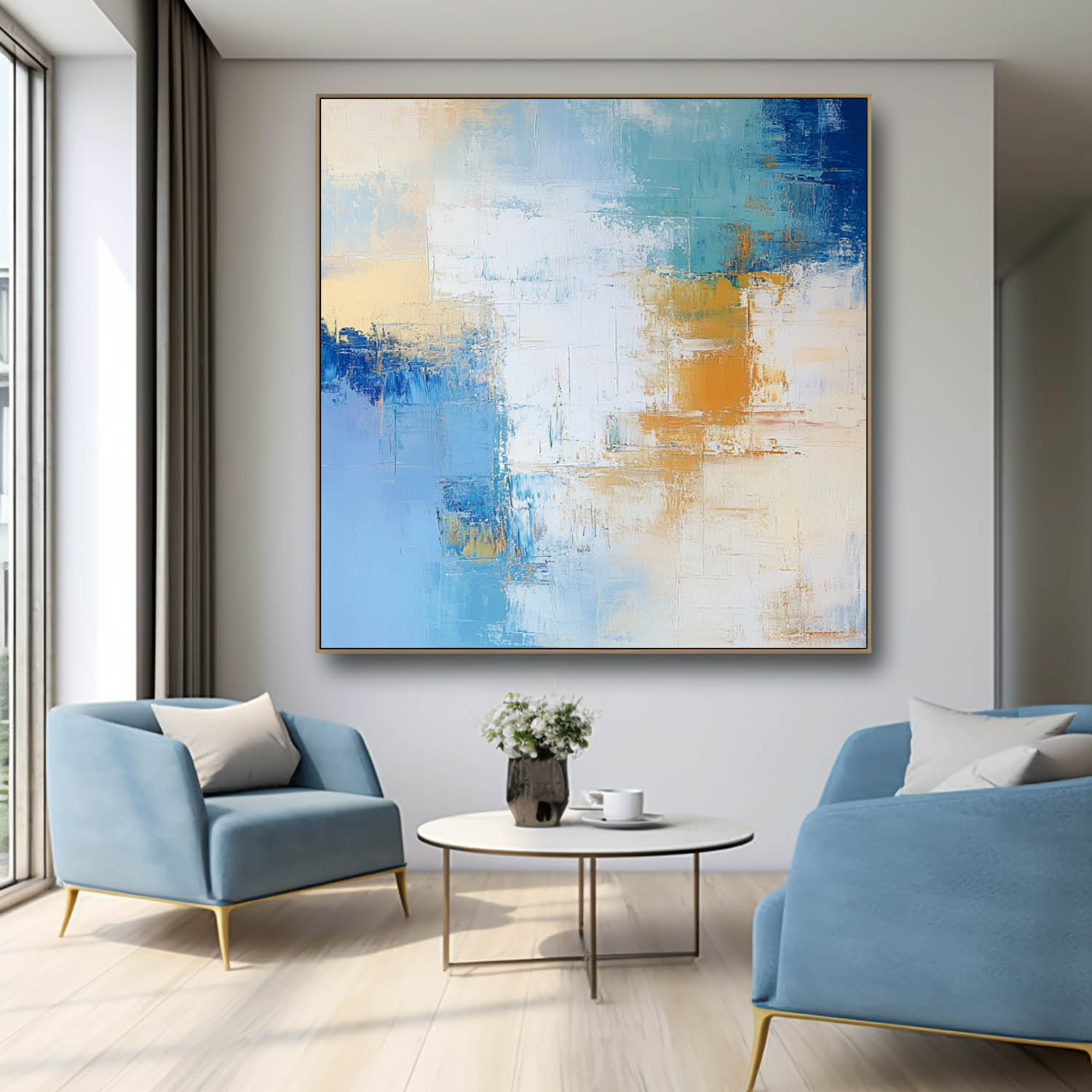 Coastal Abstract Oil Painting Blue Yellow