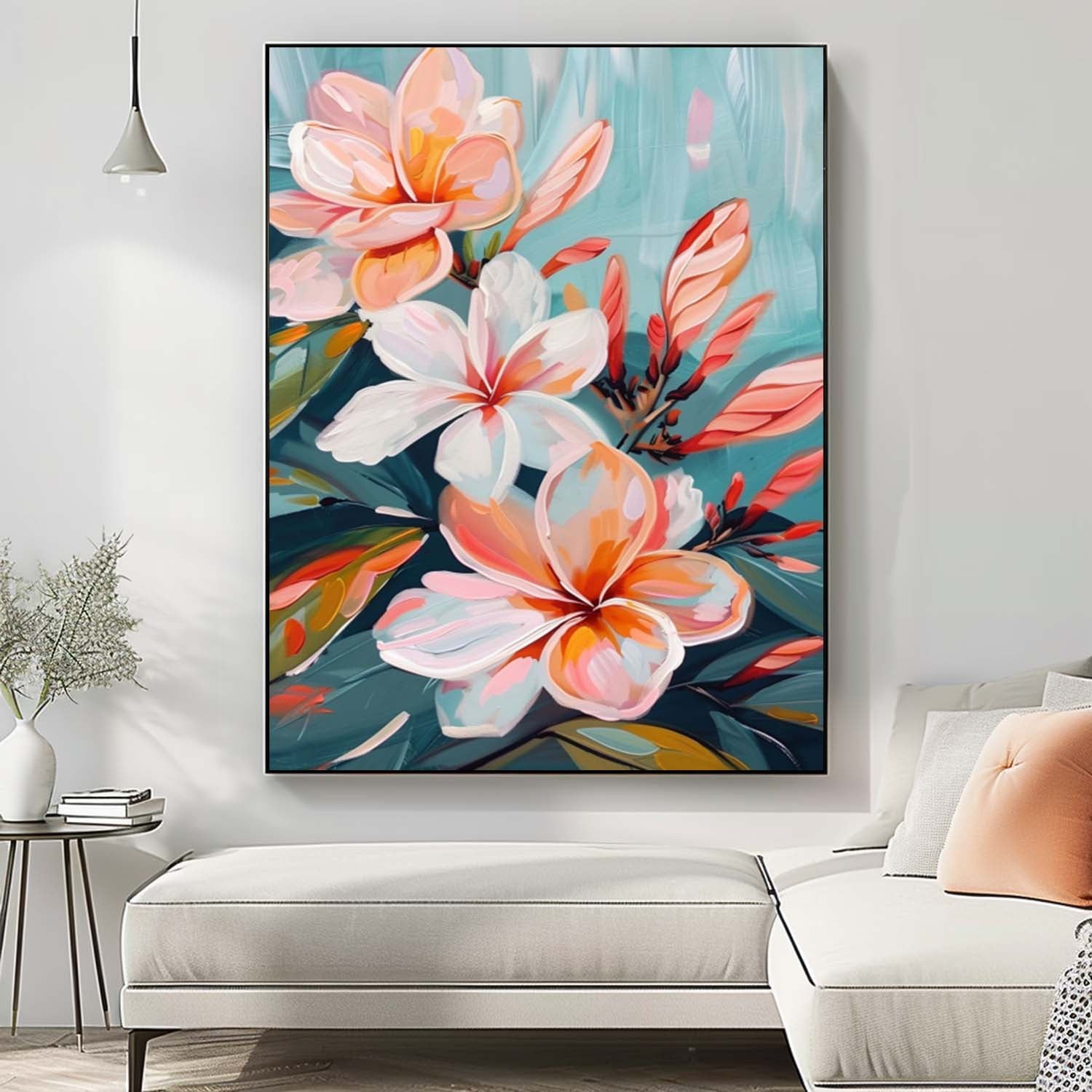 Tropical Plumeria Floral Oil Painting Soft Teal