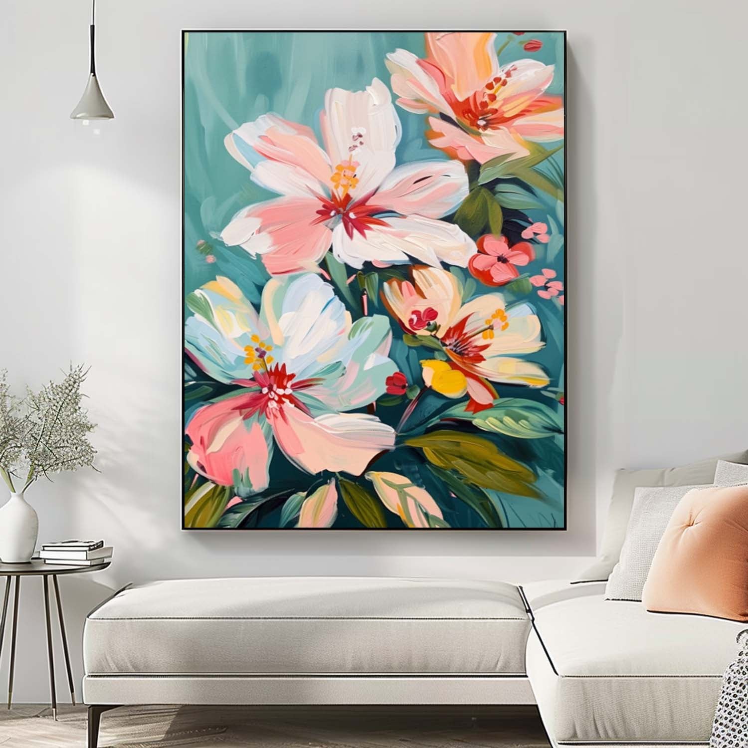 Pastel Floral Bouquet Oil Painting Teal Background