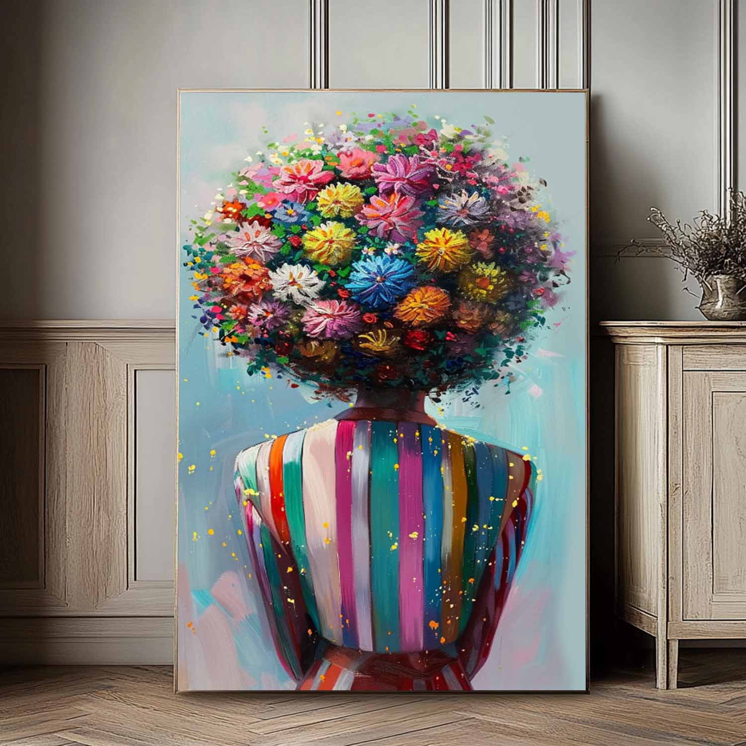 Multihued Blooms Hair Abstract Lady Wall Art