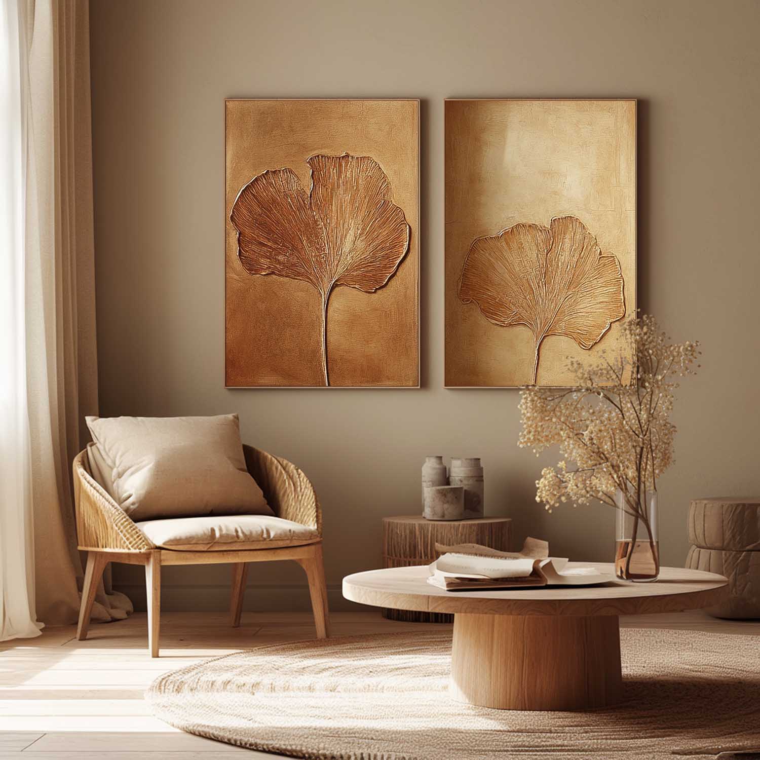 Textured Ginkgo Leaf Diptych Painting Luxurious