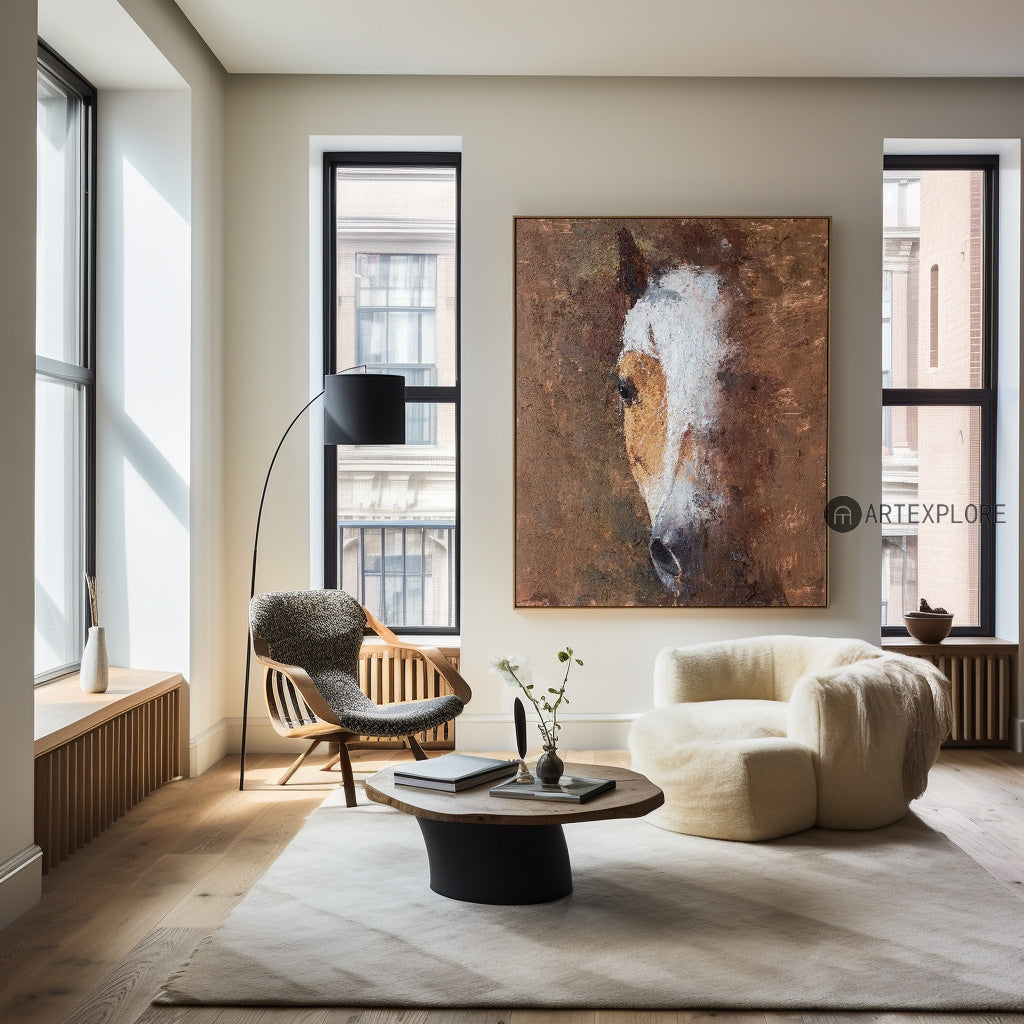 Brown‑White Rustic Vertical Horse Wildlife Textured Portrait Artwork