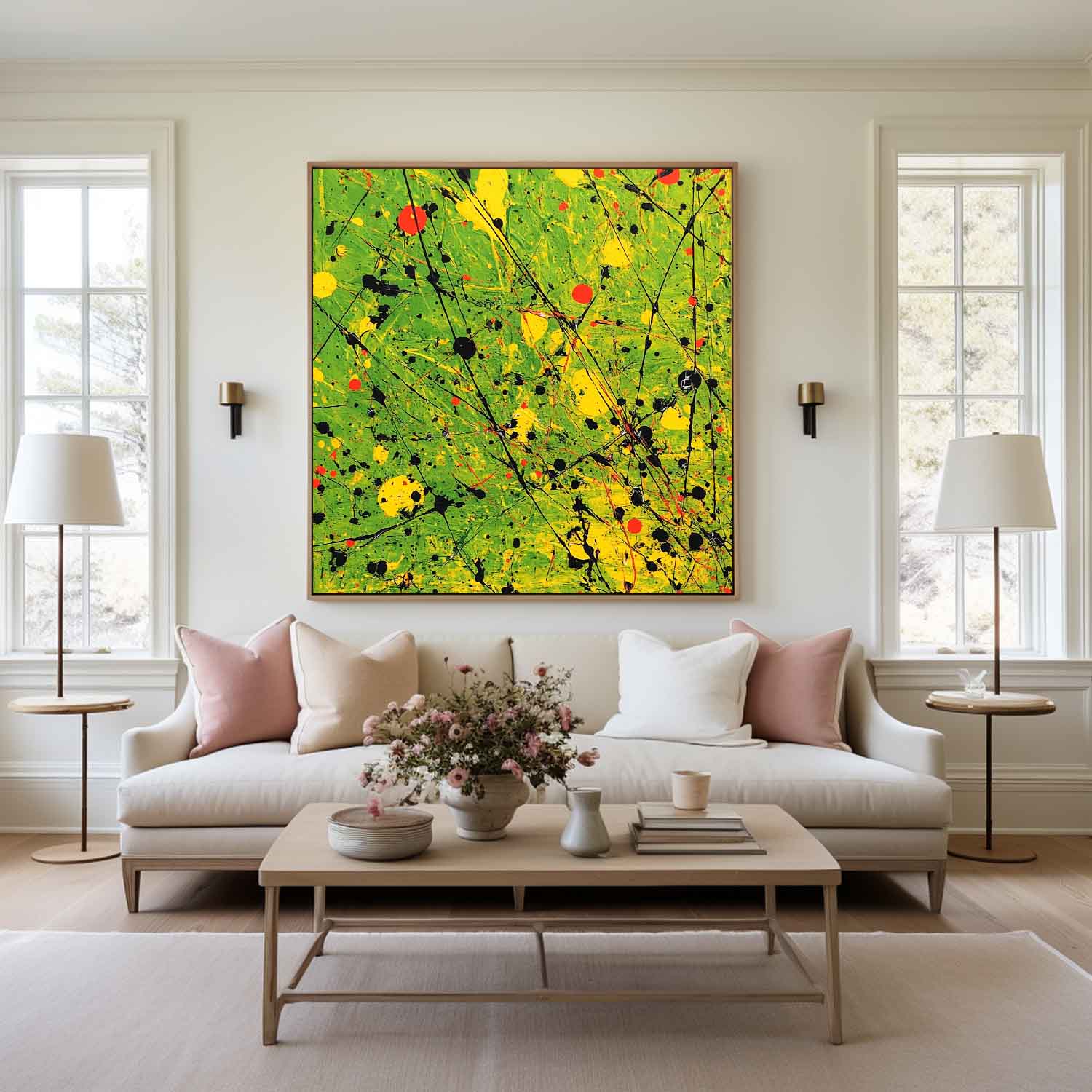 Green Splatter Abstract Pollock Canvas Art