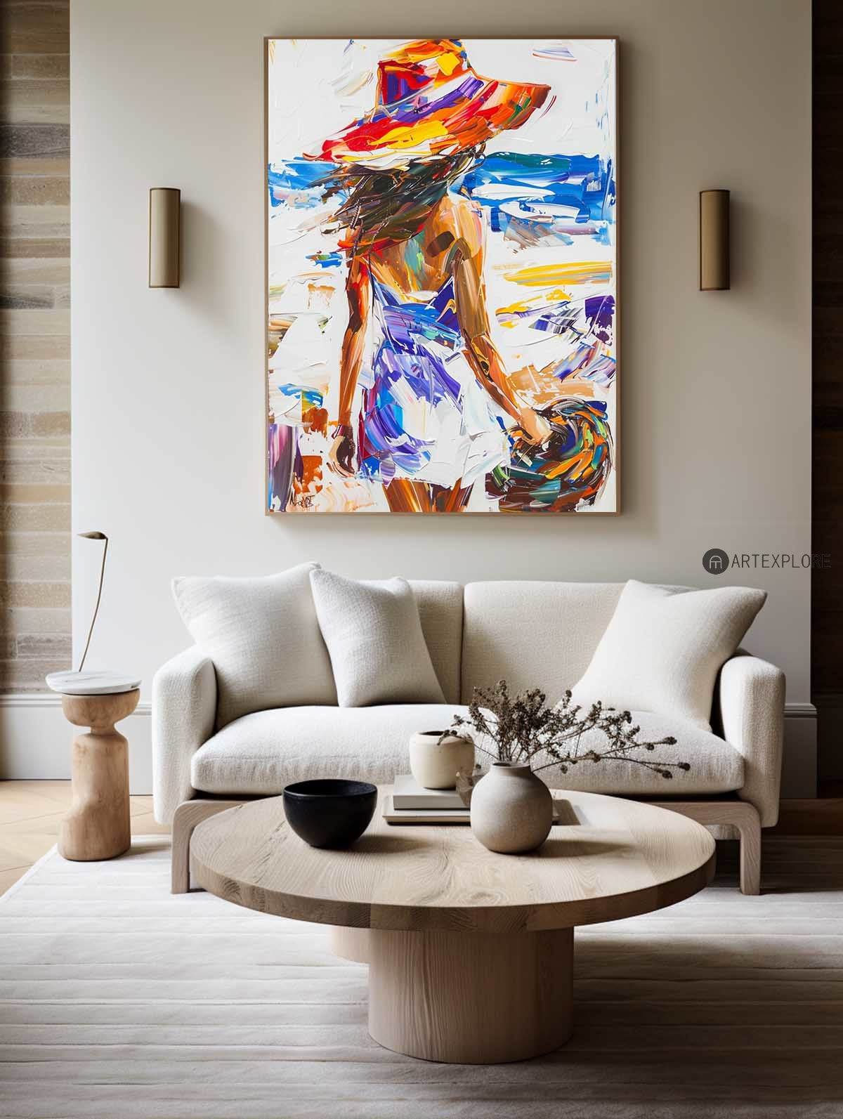 Colorful Hat Woman Beach Oil Painting