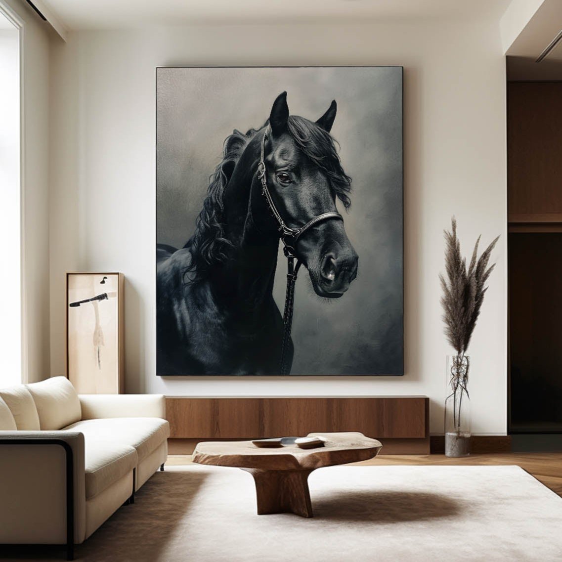 Lifelike Black Horse Portrait Dark‑Tone Realistic Detailed Textured Artwork