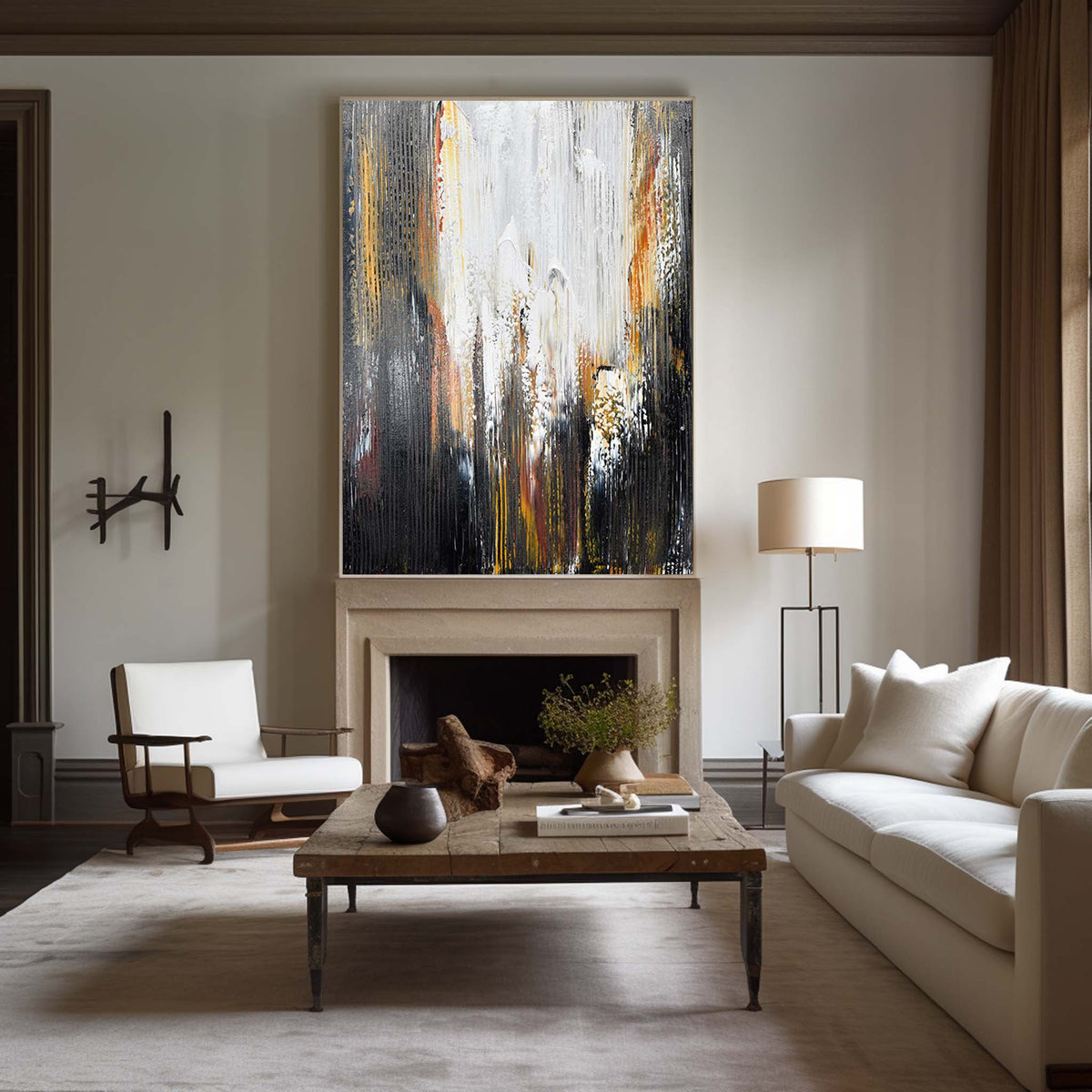 Large Contemporary Abstract Black Gold White Textured Vertical Oil Painting on Linen Canvas