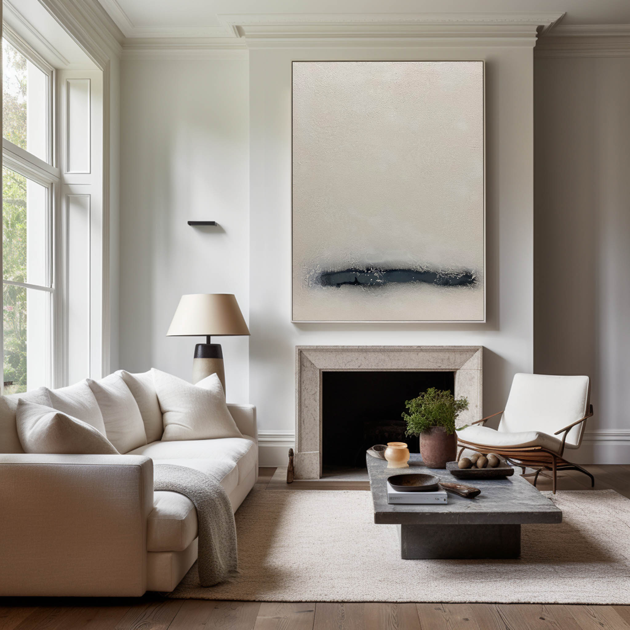 Beige‑Charcoal Vertical Streak‑Band Impasto‑Textured Artwork