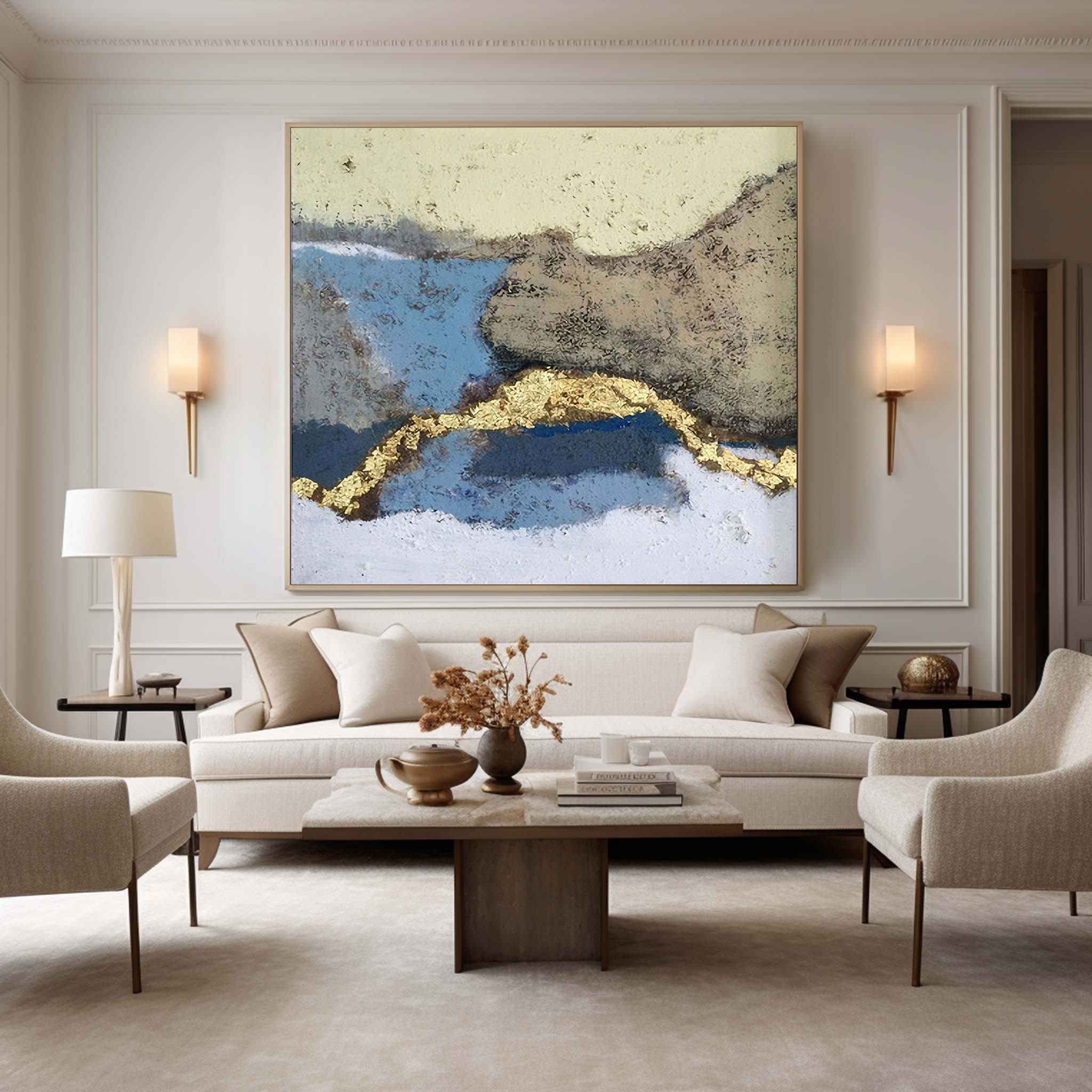 Blue Gold Abstract Landscape Textured Wall Art