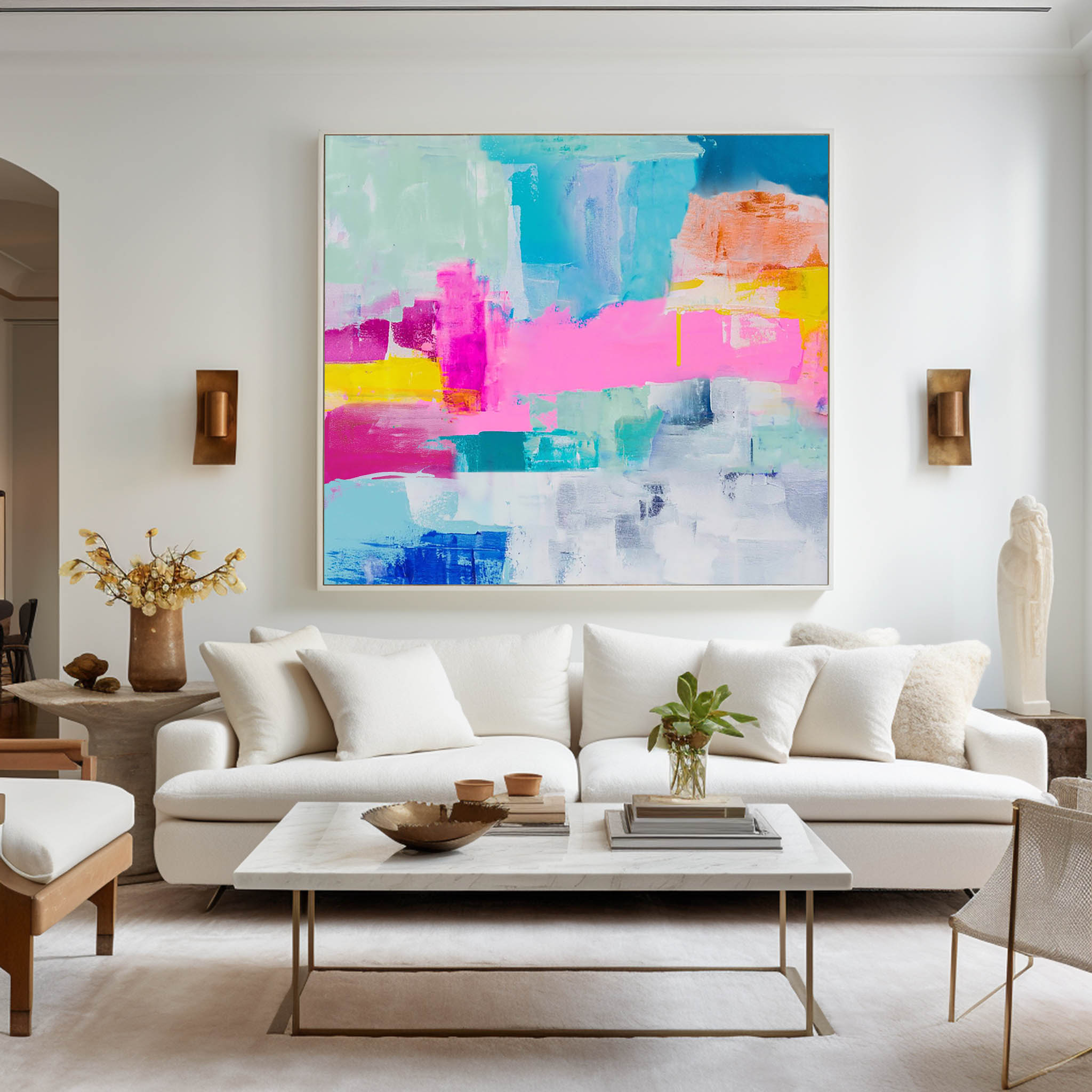 Pink‑Teal‑Yellow‑Blue Horizontal Bold Geometric Abstract Textured Artwork