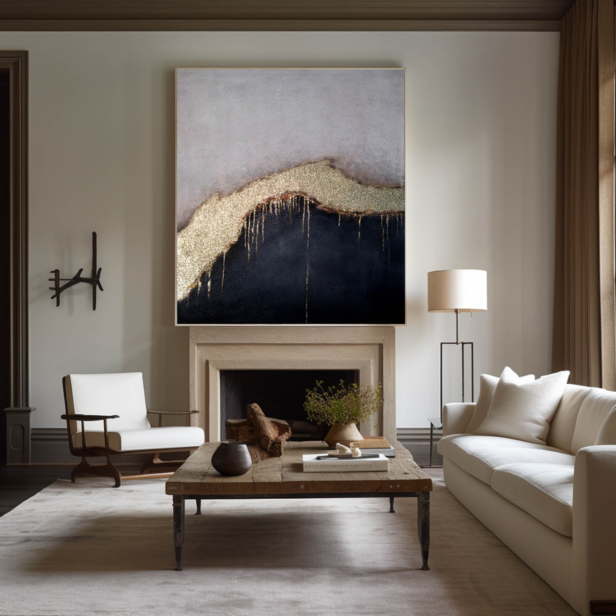 Grey‑Black Vertical Gold‑Drip Metallic Abstract Textured Artwork