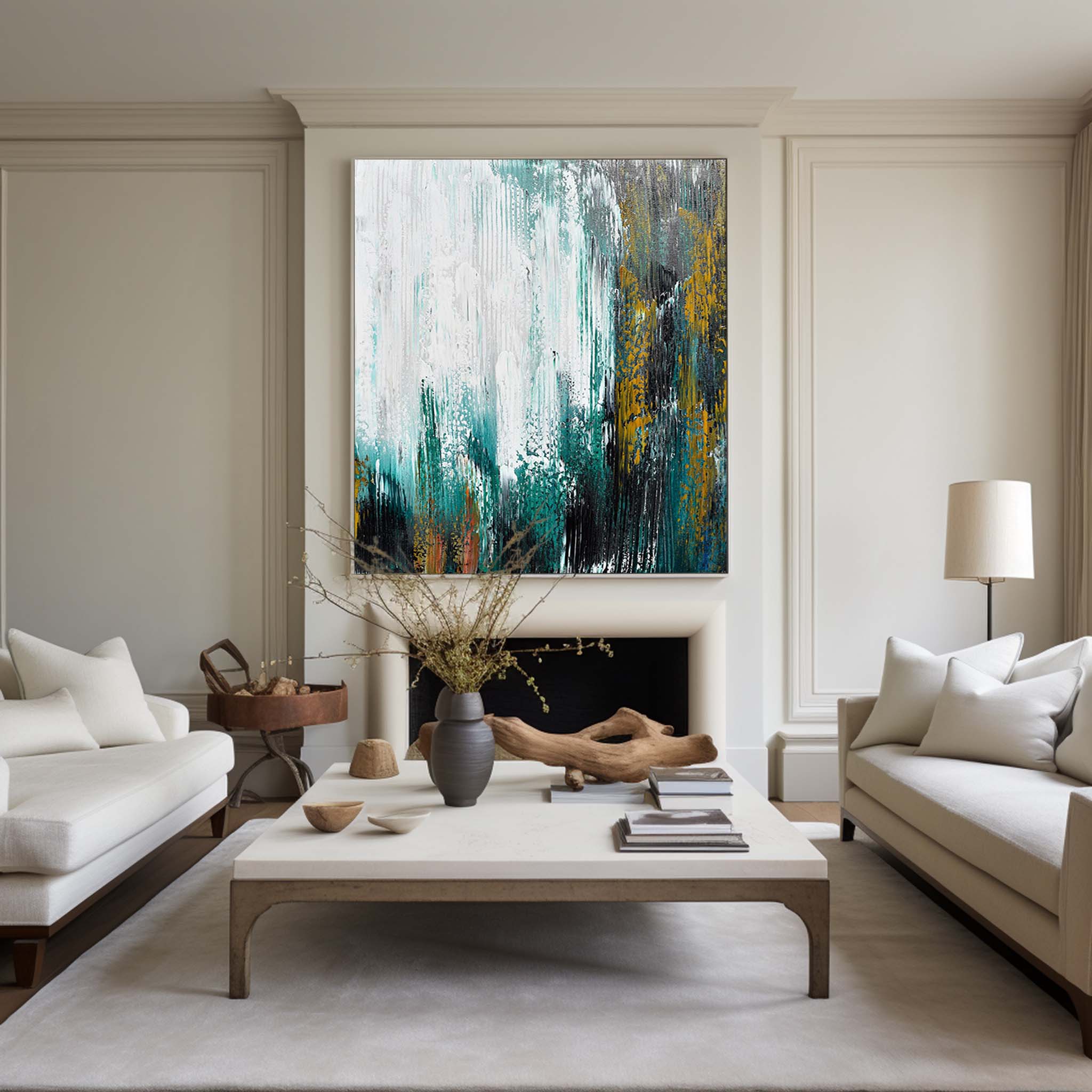 Large Contemporary Abstract Teal Gold White Textured Vertical Oil Painting on Linen Canvas