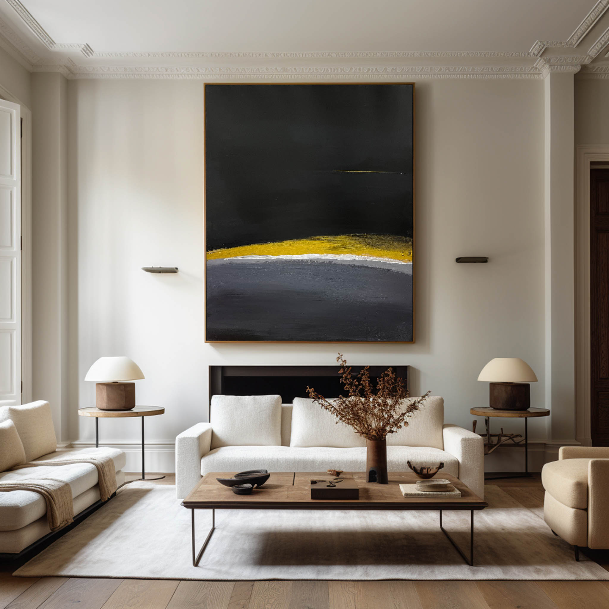 Modern Black Gold Yellow Abstract Linen Art