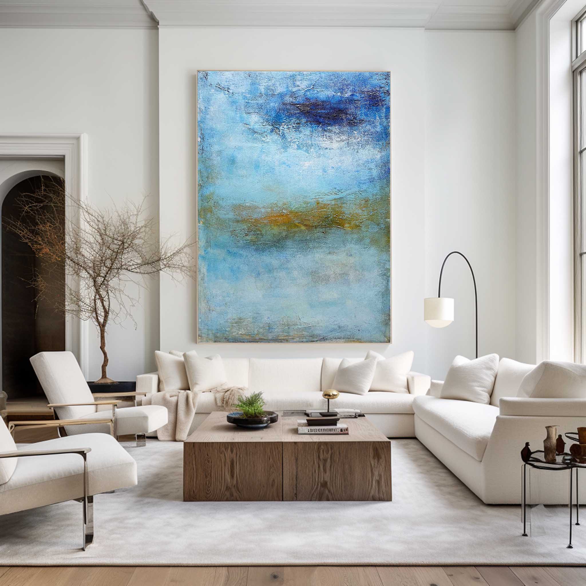 Seascape Blue Gold White Coastal Abstract Oil Painting on Linen Canvas