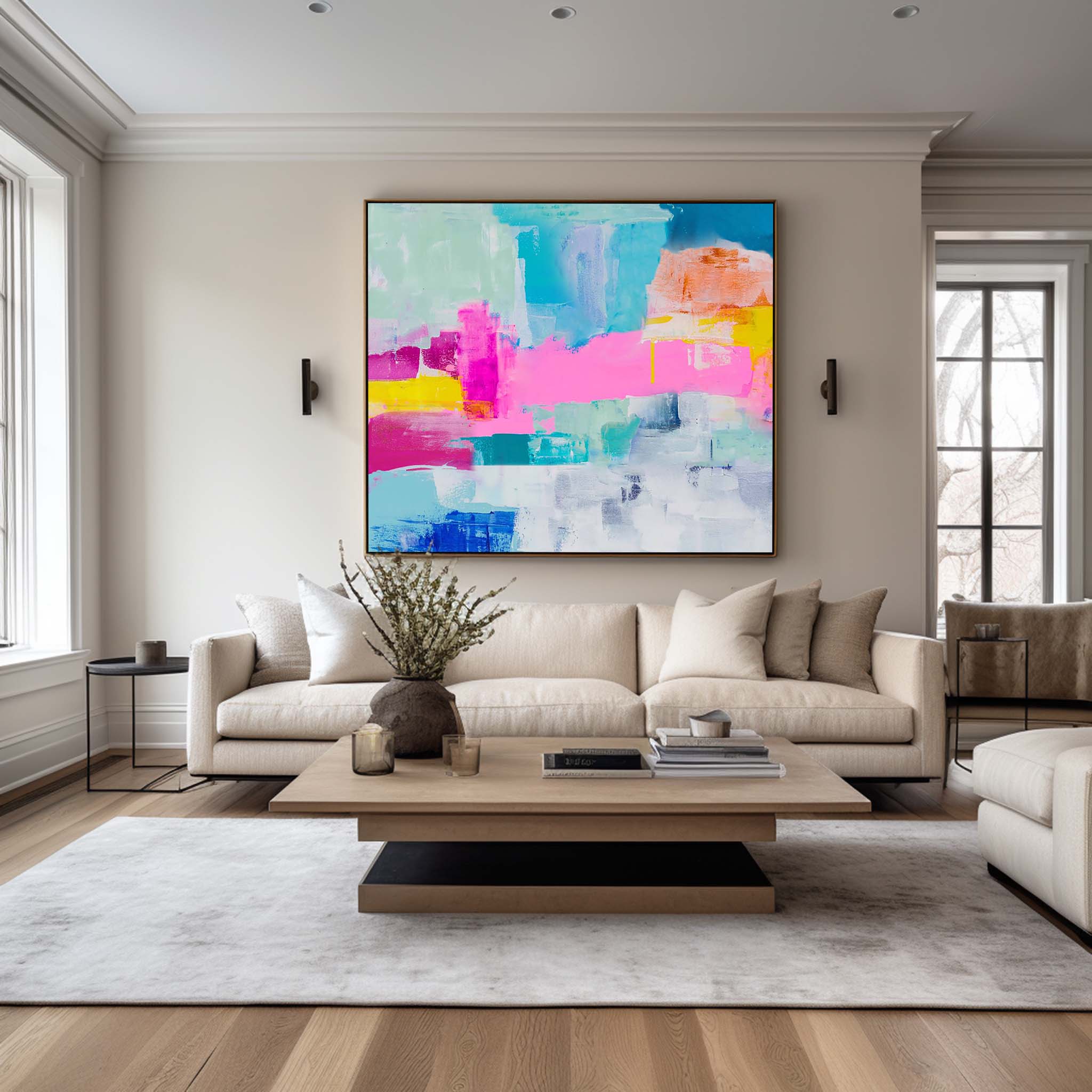 Pink‑Teal‑Yellow‑Blue Horizontal Bold Geometric Abstract Textured Artwork