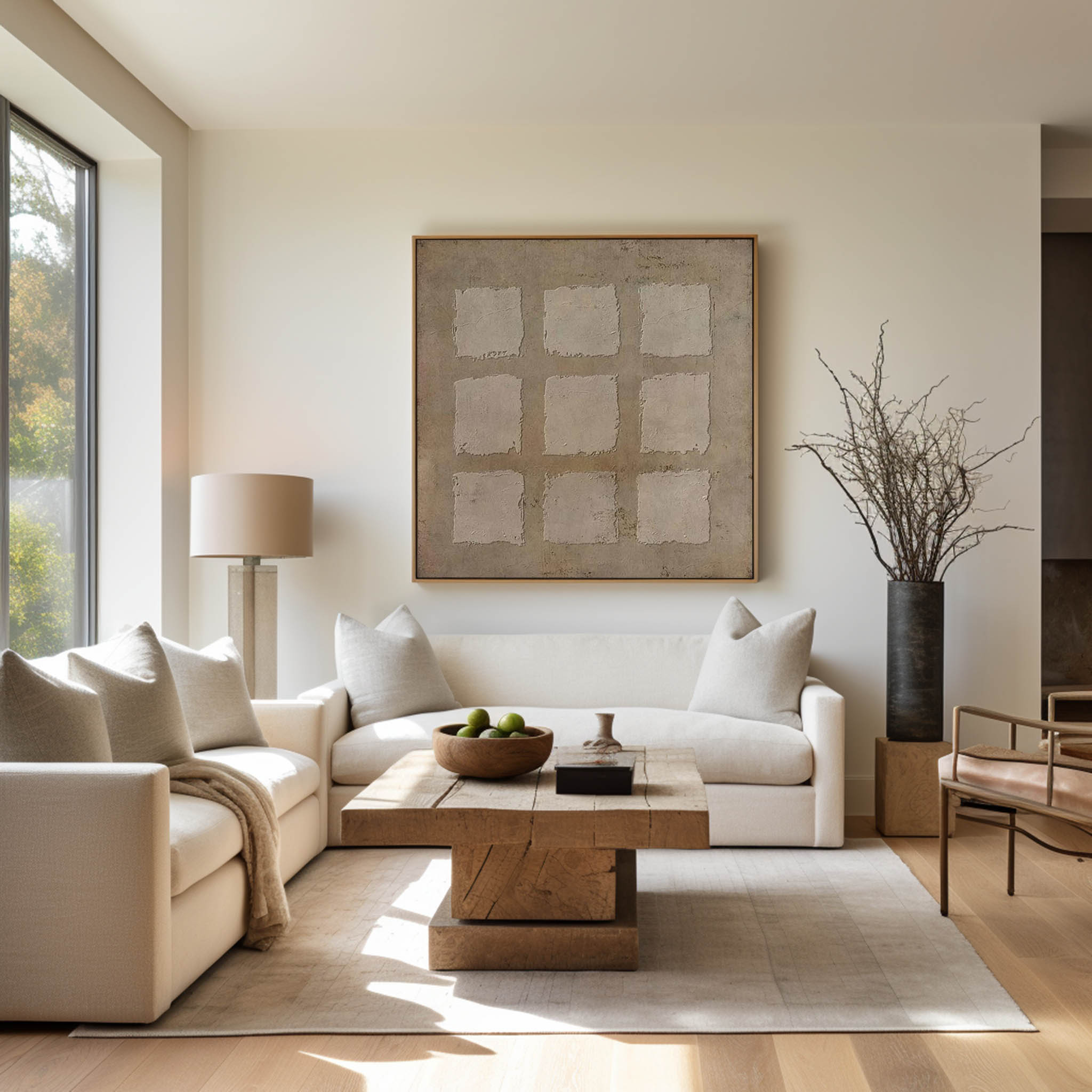 Wall Art Neutral Geometric Squares Textured Minimalist Wabi-Sabi Texture Living Room | Neutralighting