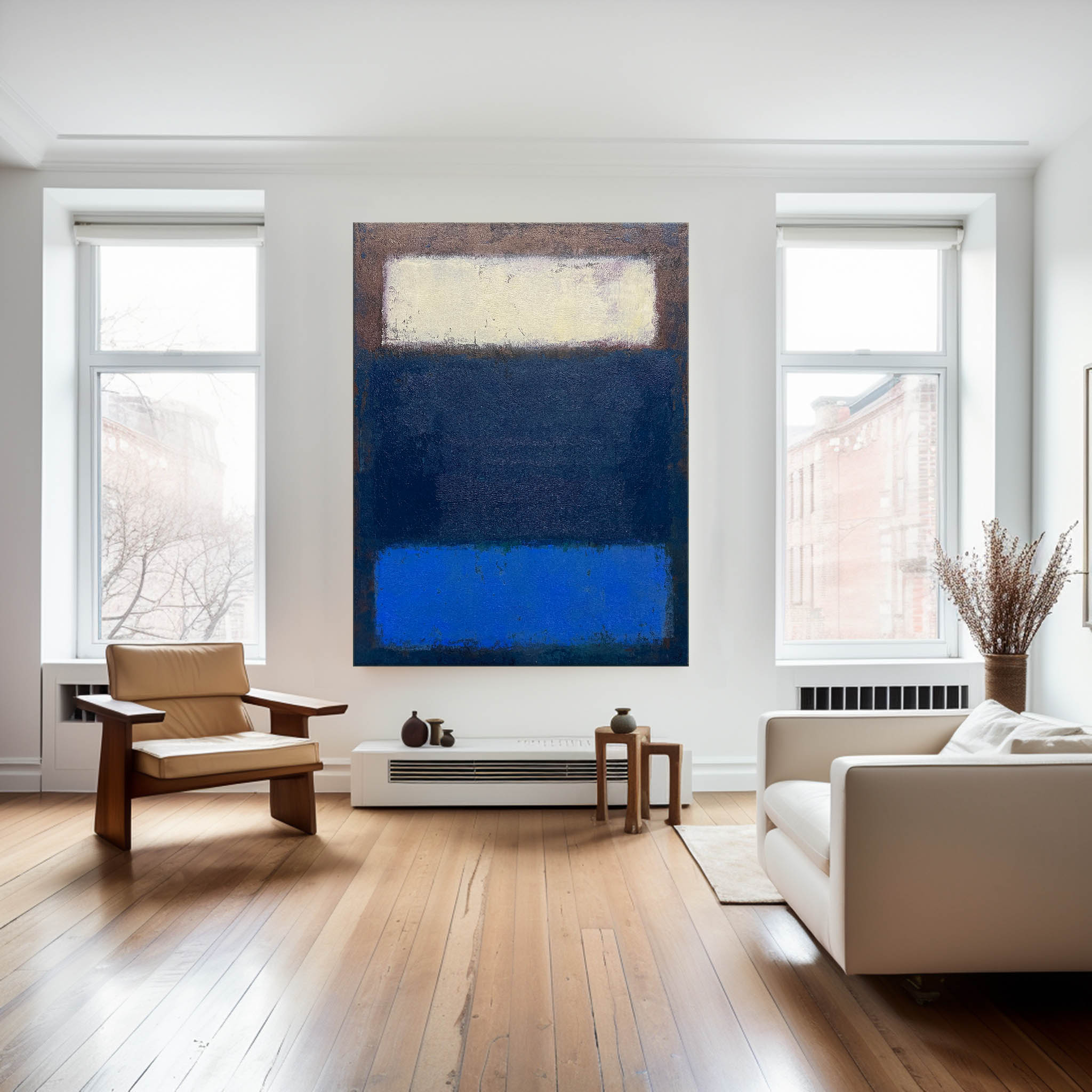 Navy‑Blue Cream‑Block Vertical Layer‑Panel Impasto Textured Artwork