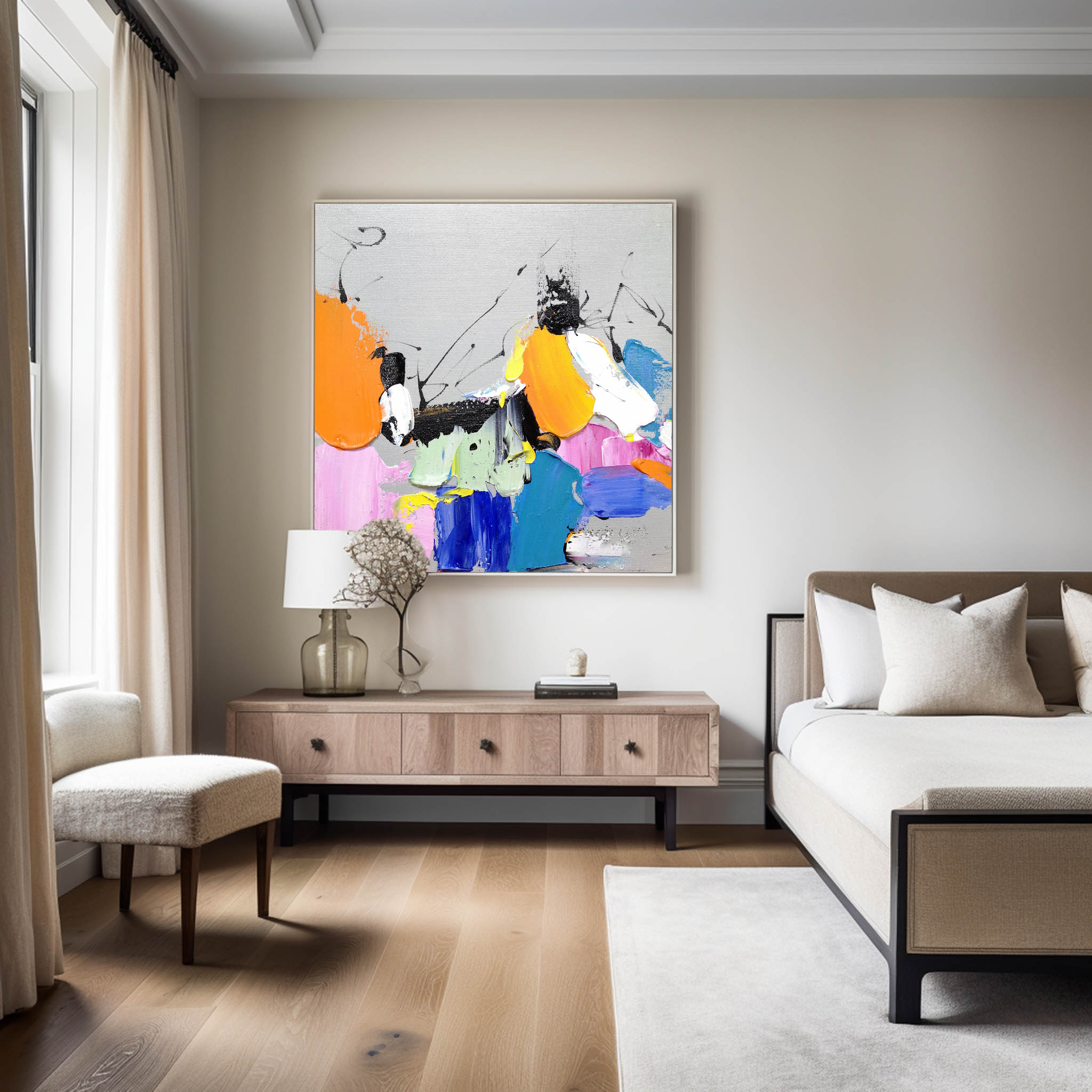 Multi‑Vivid‑Hue Square Bold‑Splash Impasto Textured Artwork