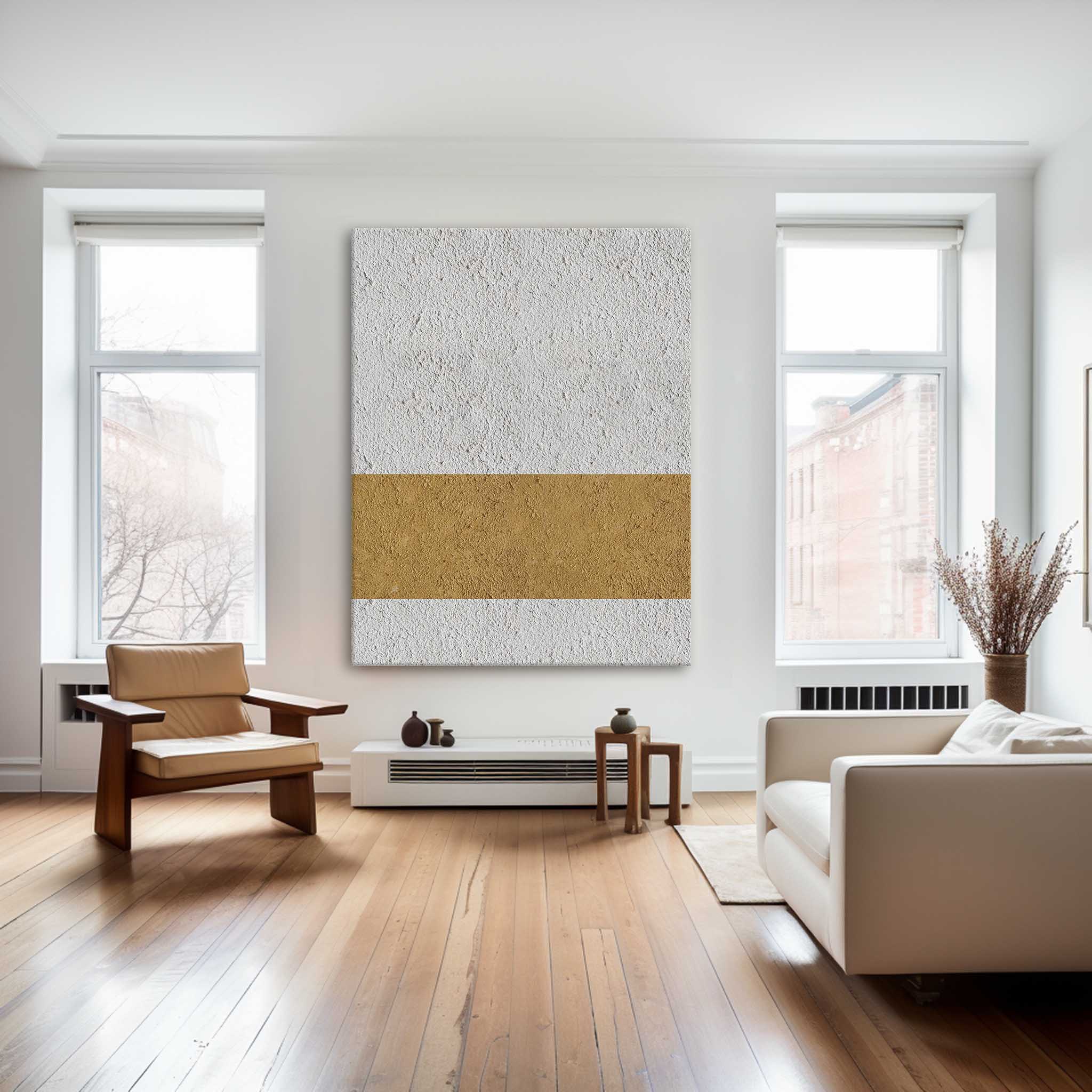 Off‑White‑Gold Horizontal Abstract Centered‑Stripe Coarse‑Textured Artwork