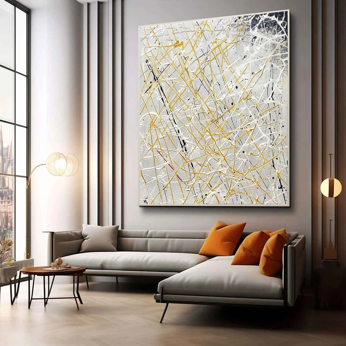 Gold Line Oil Painting Neutral Background Luxe