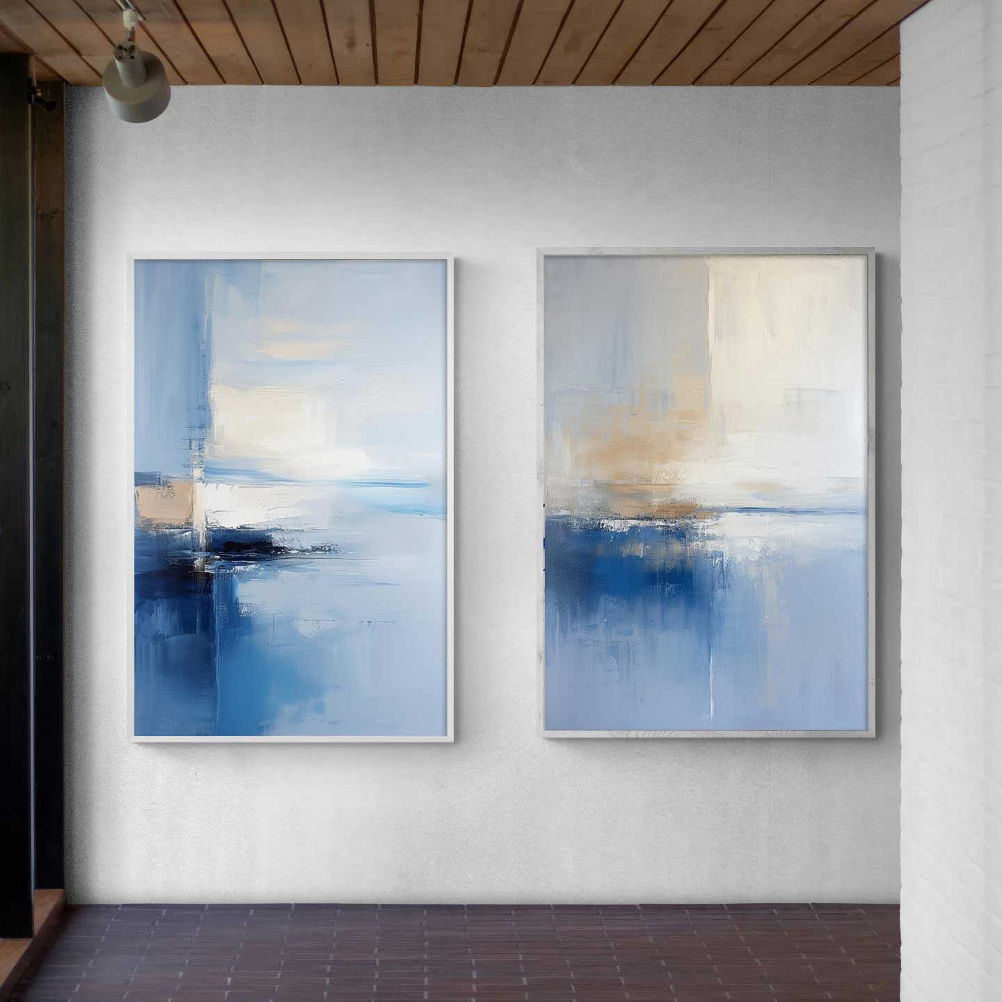 Blue Beige Abstract Ocean 2‑Piece Canvas Wall Art