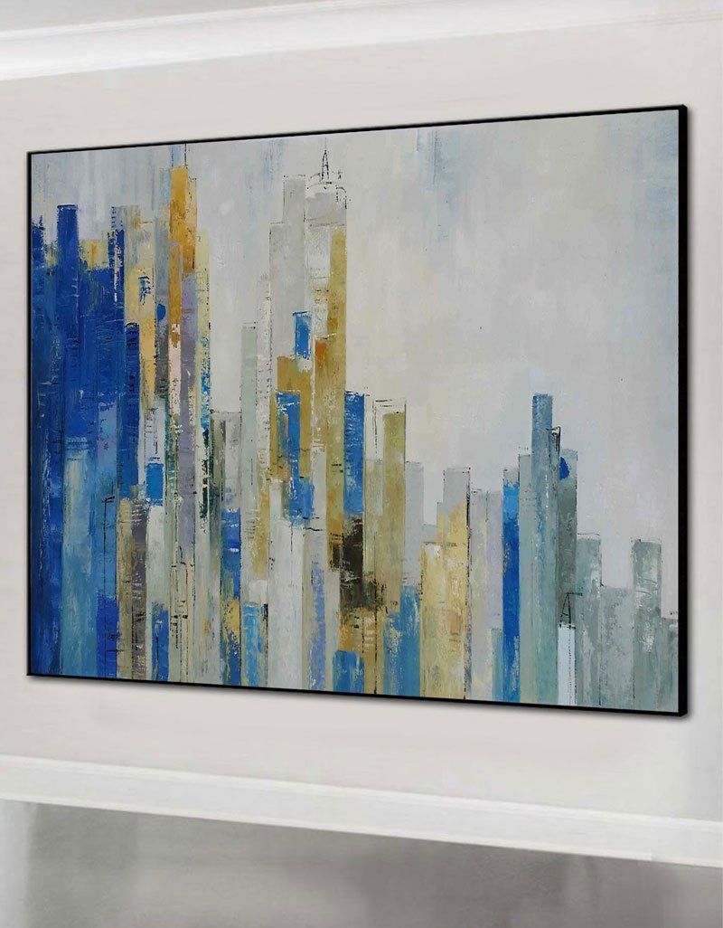 Abstract Urban Skyline  Blue & Gold Architectural Layered Textured Artwork