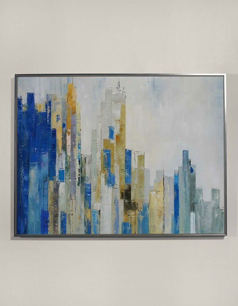 Abstract Urban Skyline  Blue & Gold Architectural Layered Textured Artwork