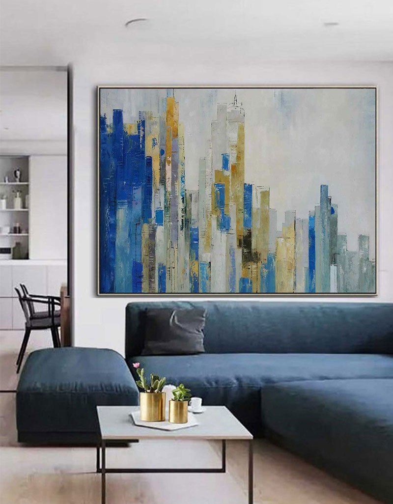 Abstract Urban Skyline  Blue & Gold Architectural Layered Textured Artwork
