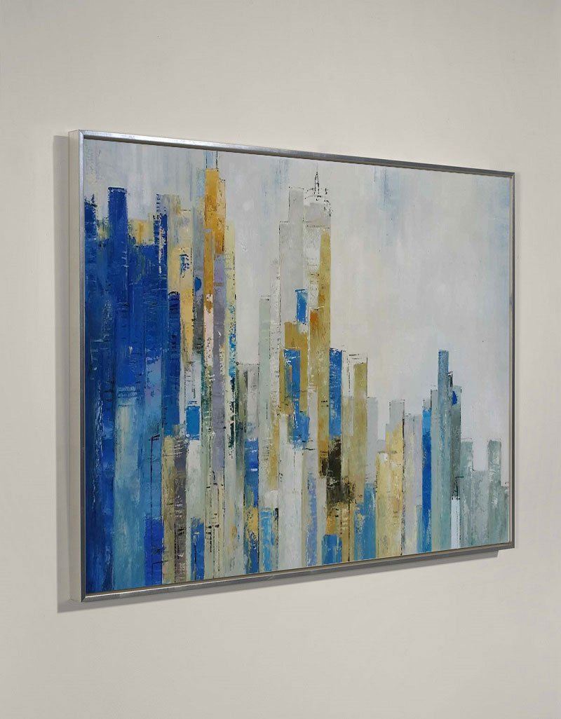 Abstract Urban Skyline  Blue & Gold Architectural Layered Textured Artwork