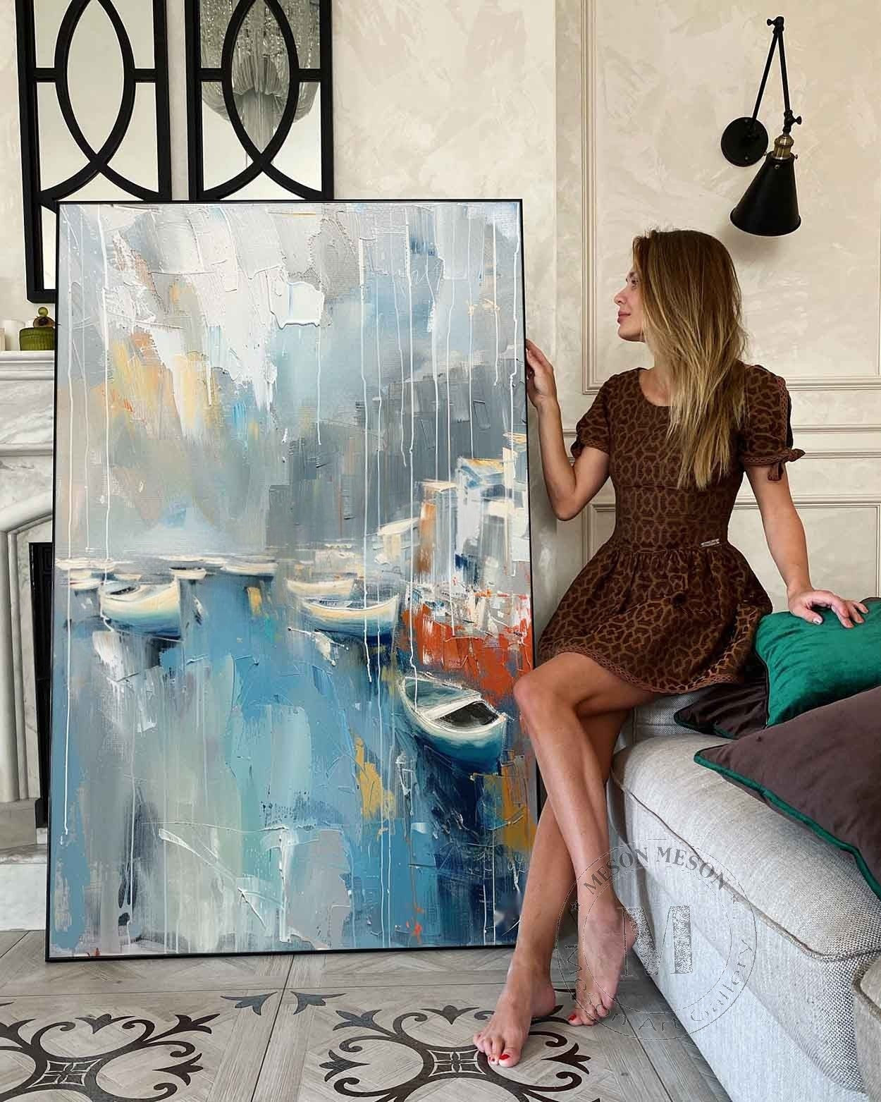 Wall Art Vertical Abstract Coastal Harbor