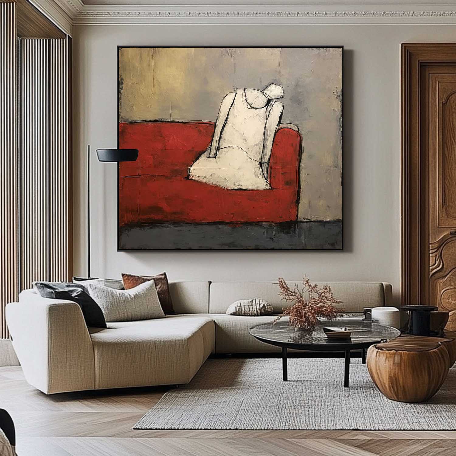 Seated Figure Oil Painting Red Sofa
