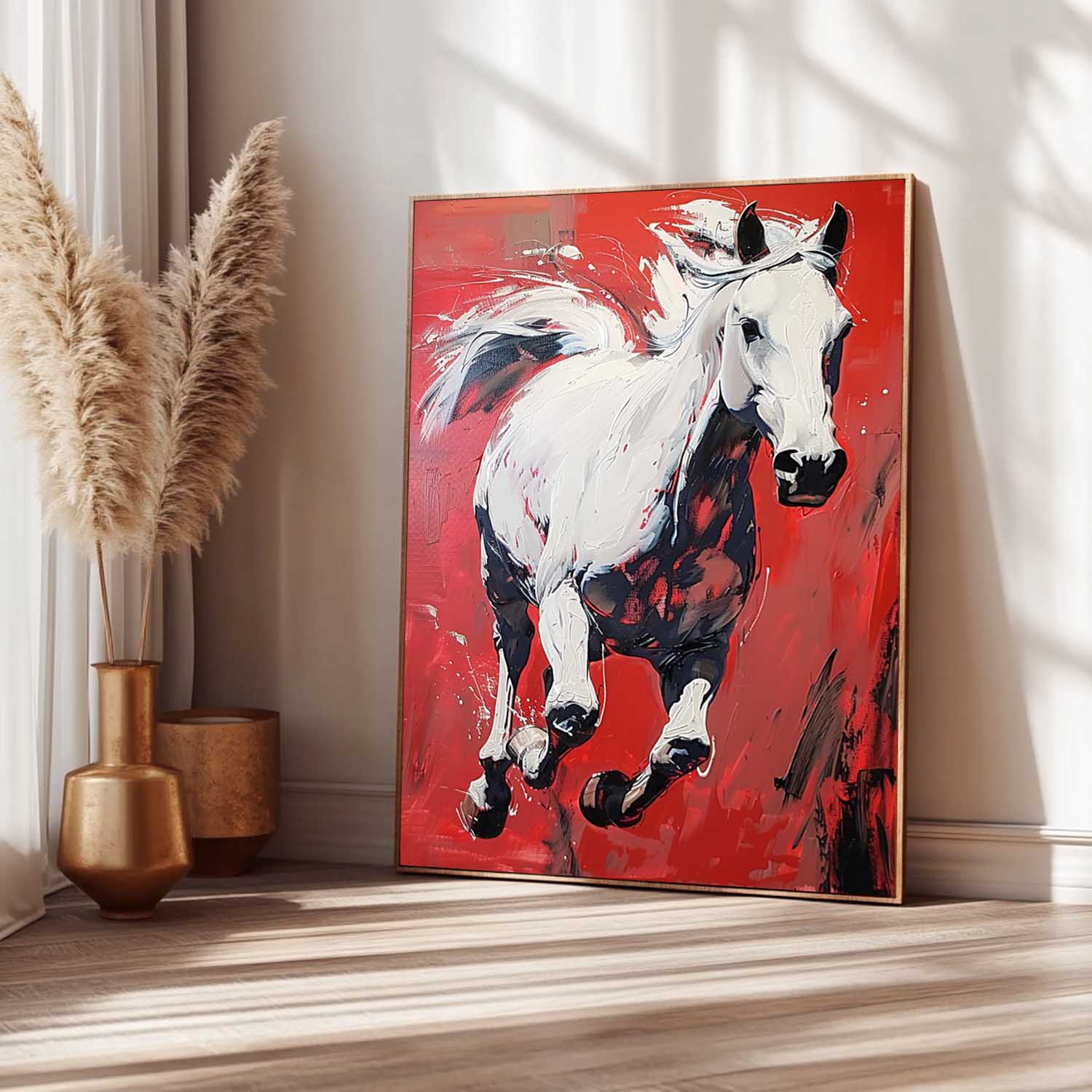Dynamic White Horse Oil Painting Fiery Red