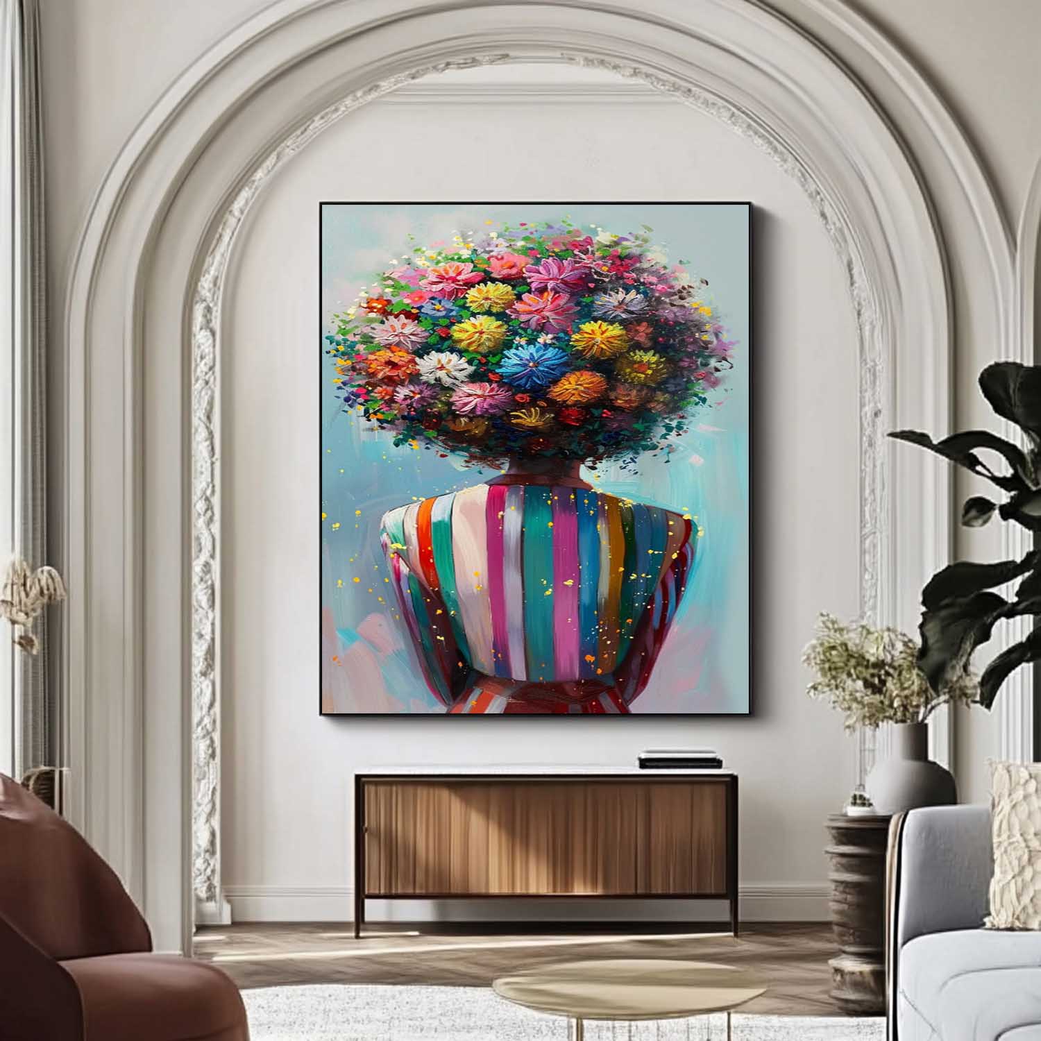 Multihued Blooms Hair Abstract Lady Wall Art