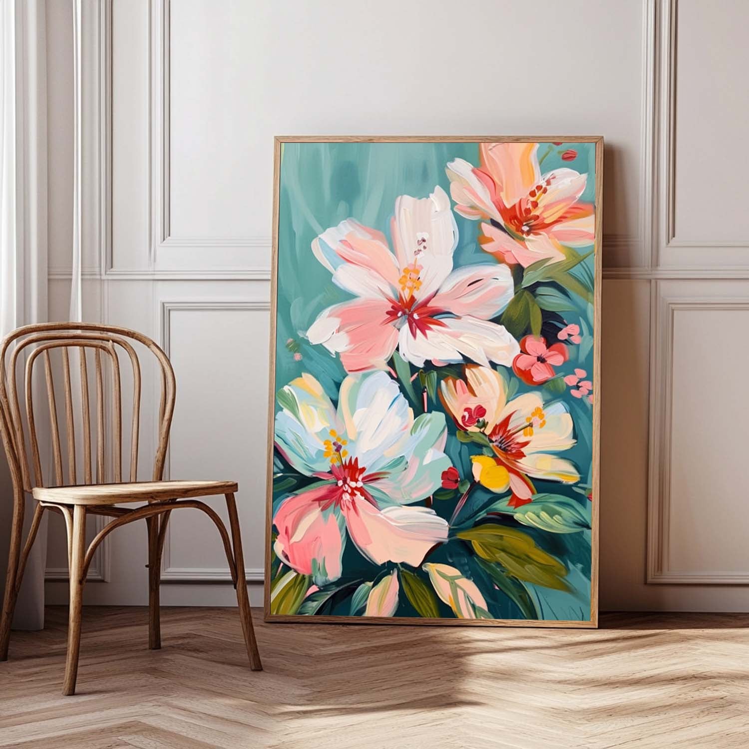 Pastel Floral Bouquet Oil Painting Teal Background