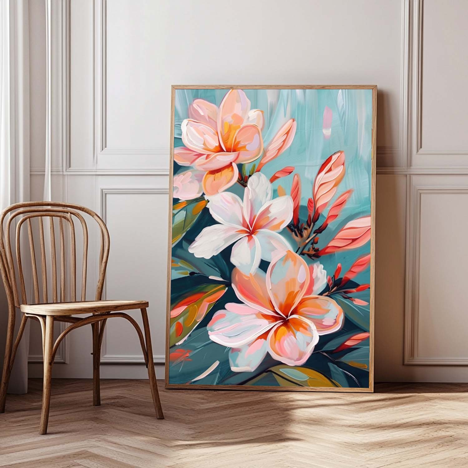 Tropical Plumeria Floral Oil Painting Soft Teal