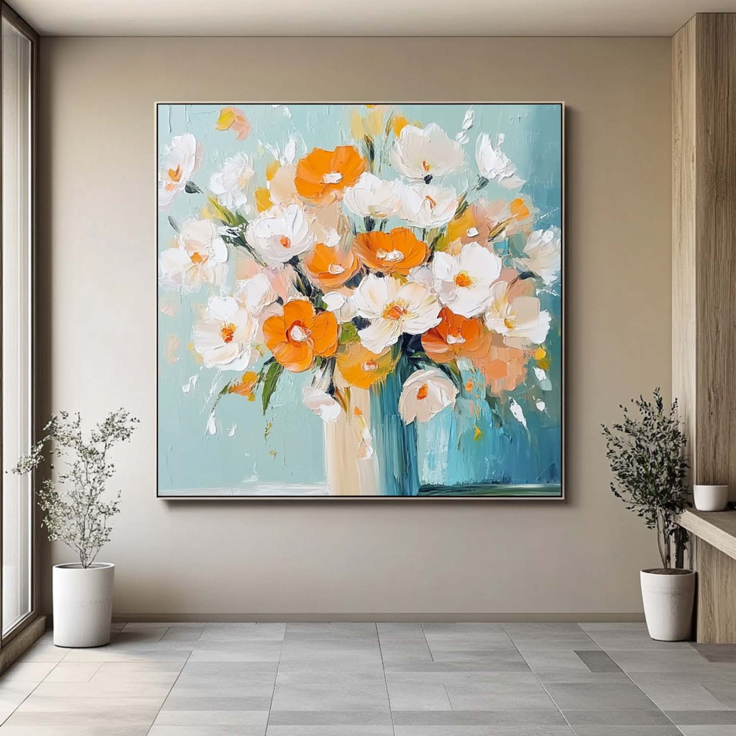 Bright Orange White Floral Bouquet Oil Painting