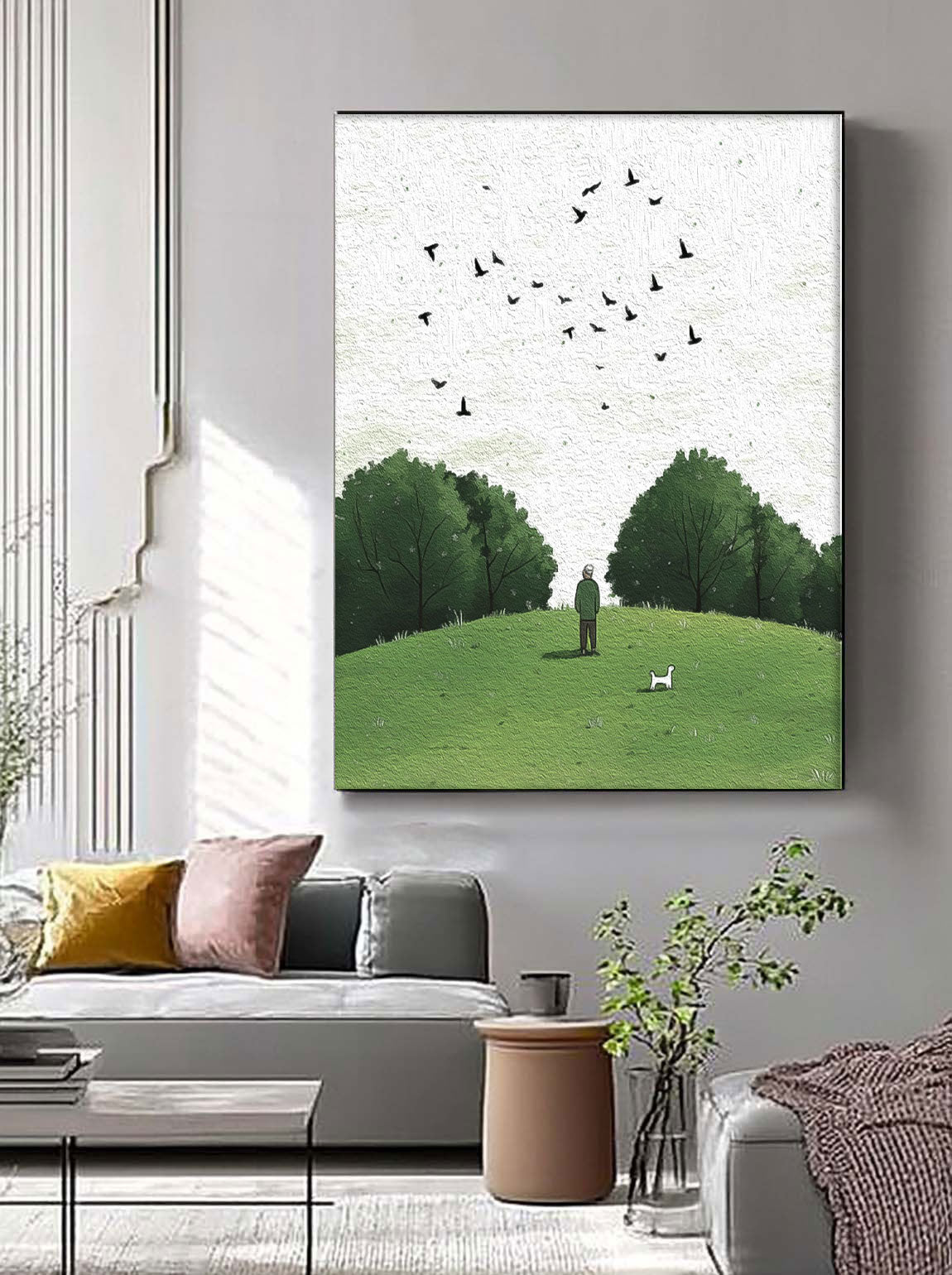 Tranquil Hilltop Moment Textured Art Print Man With Dog