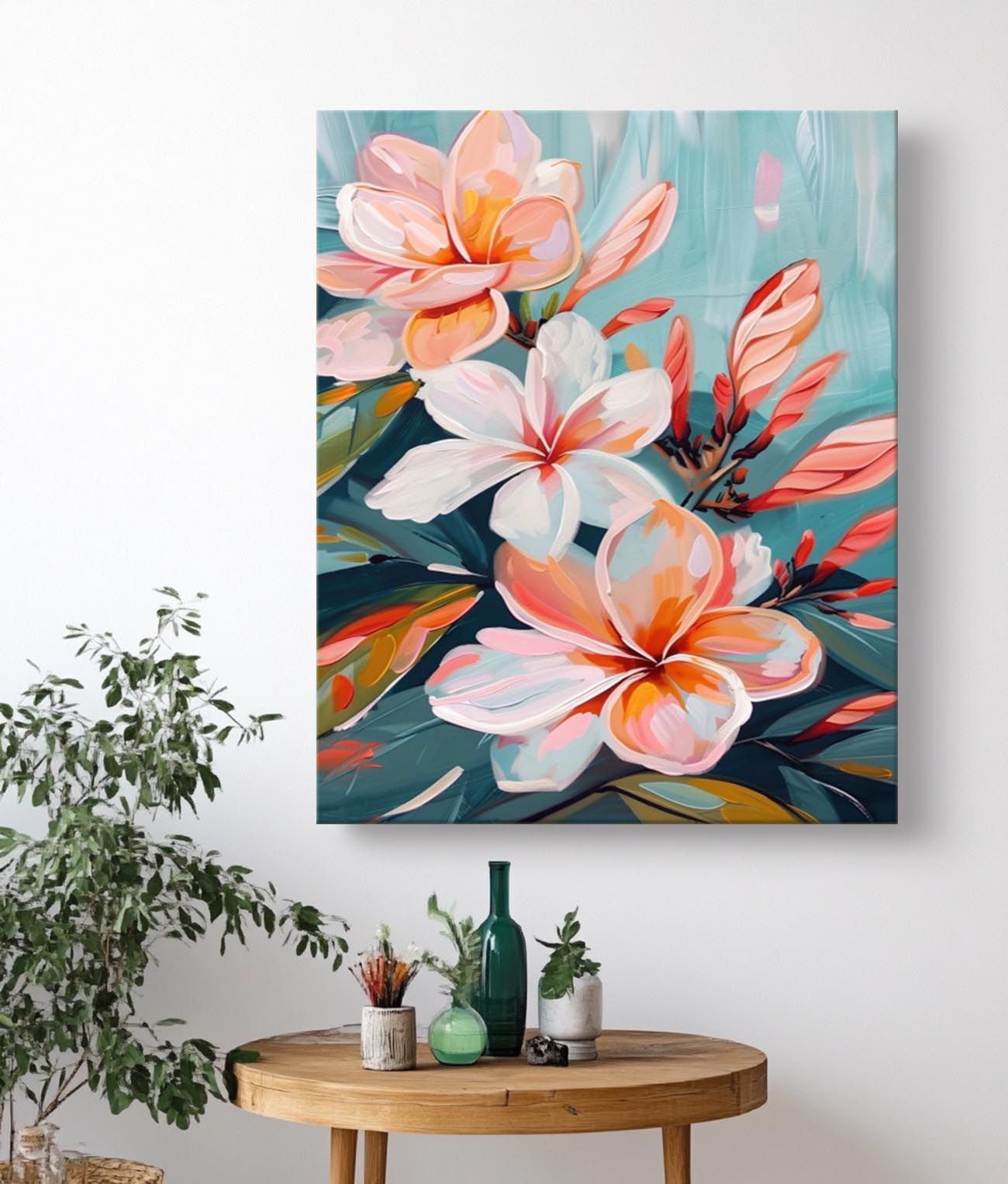 Tropical Plumeria Floral Oil Painting Soft Teal