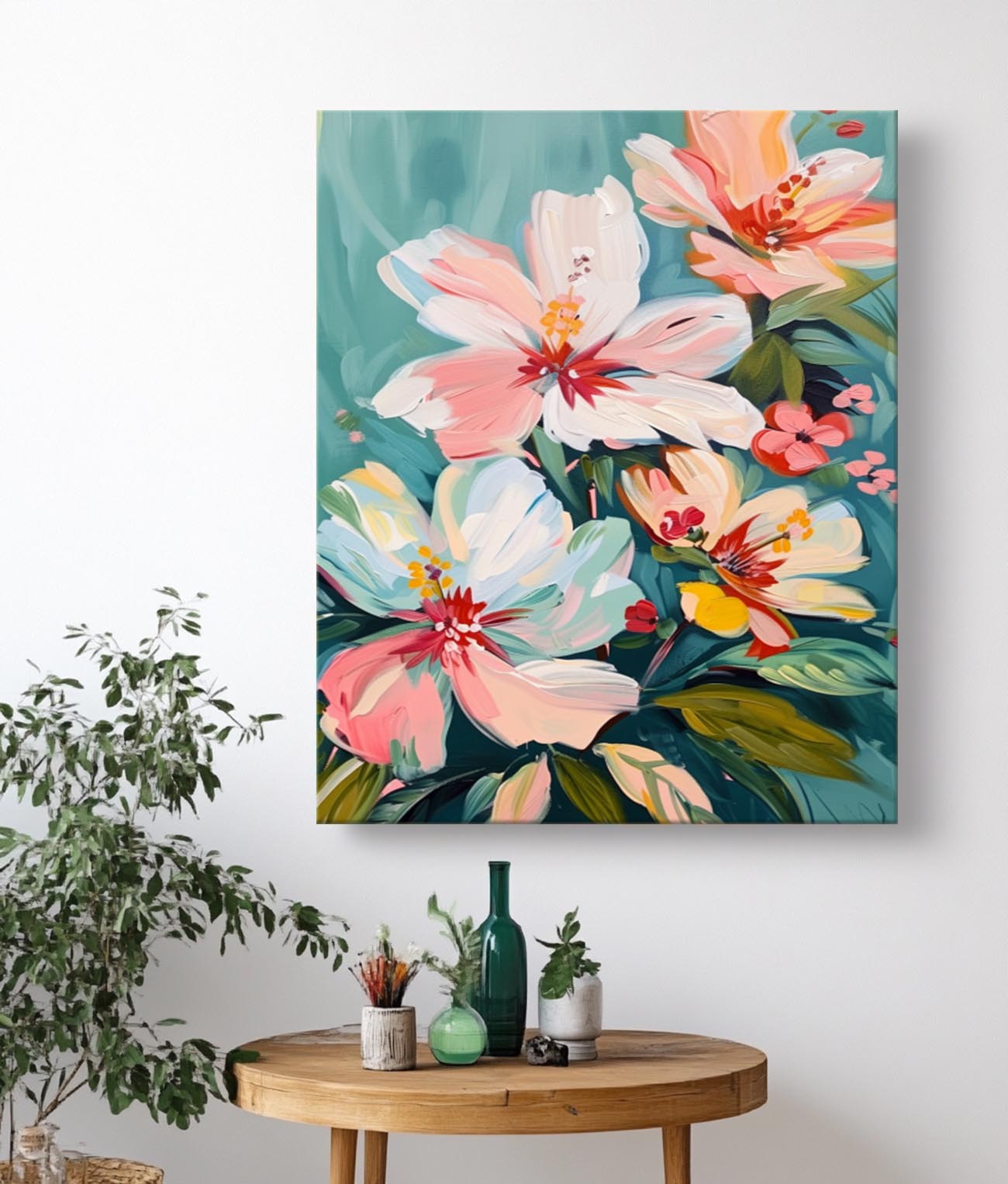 Pastel Floral Bouquet Oil Painting Teal Background