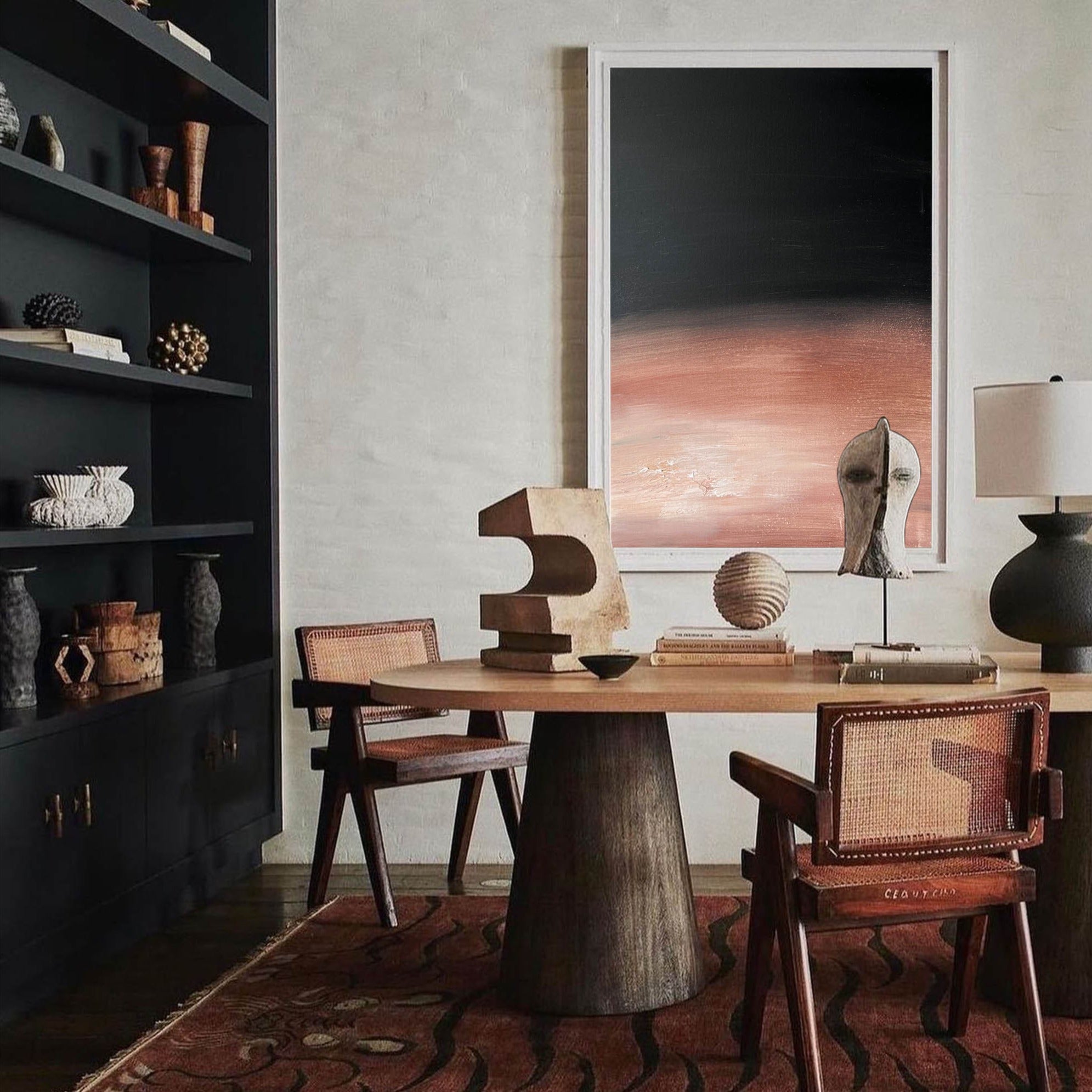 Modern Black Rose Gold Abstract Linen Art