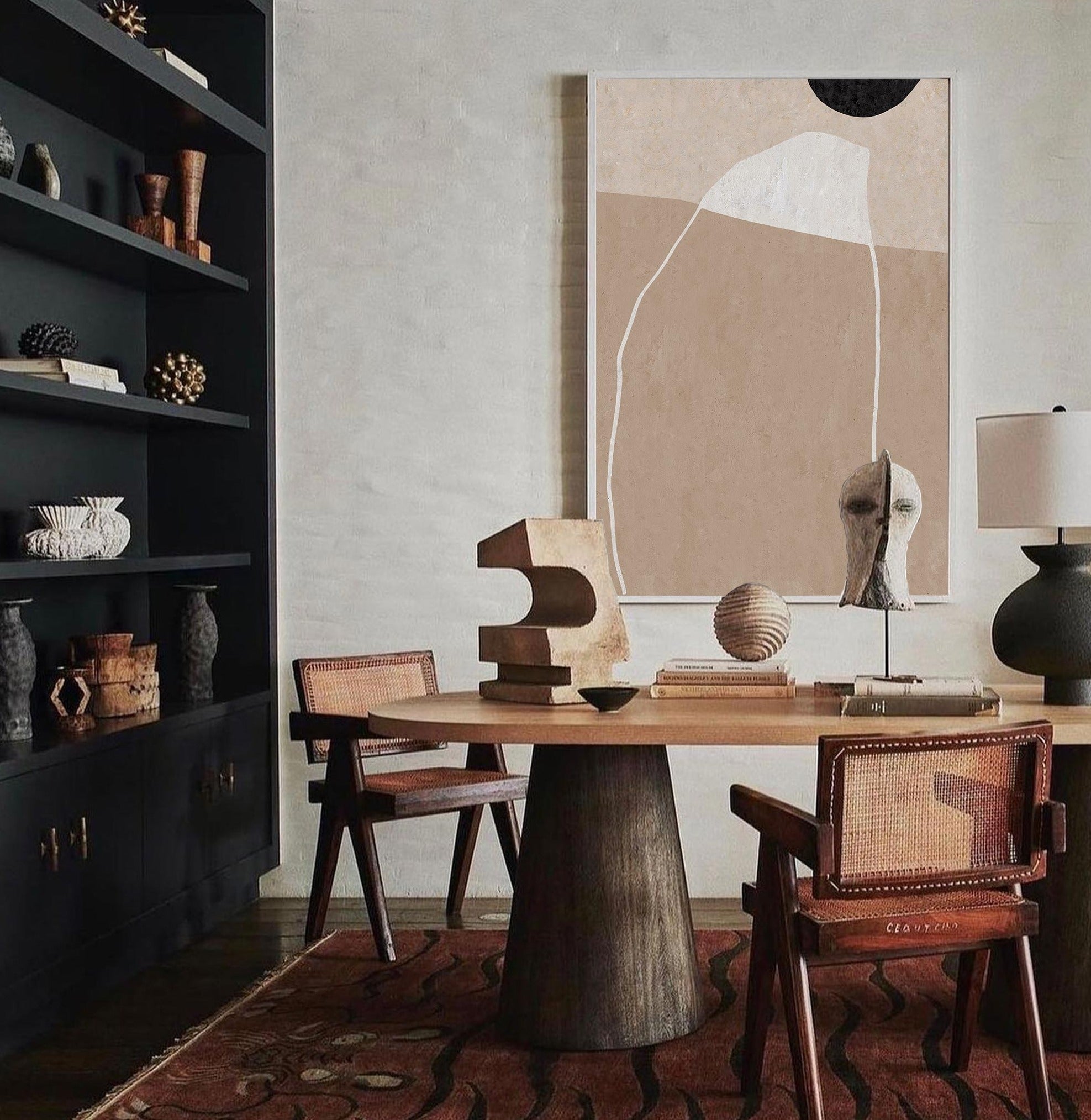 Taupe‑Beige Vertical Abstract‑Shape Line‑Textured Artwork
