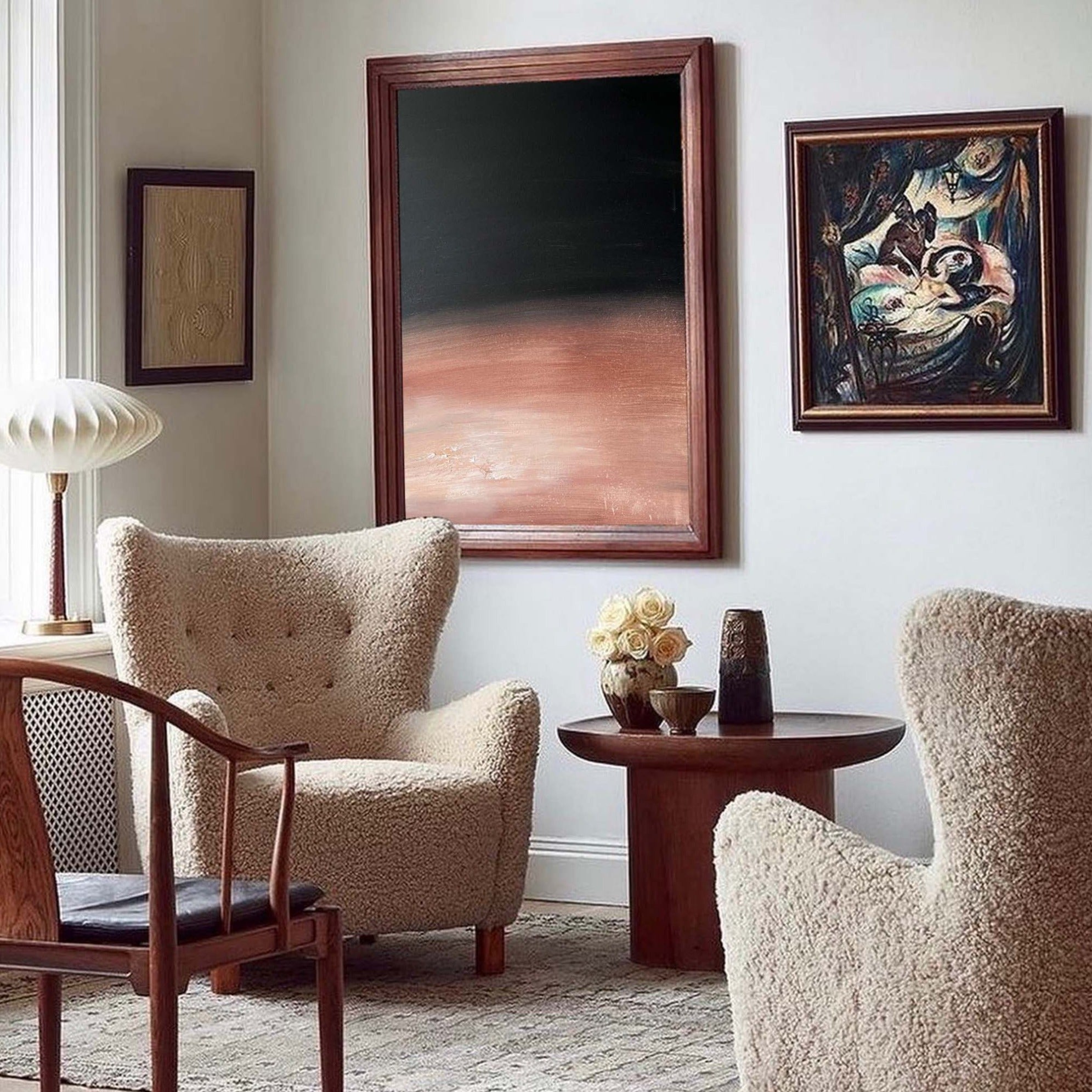Modern Black Rose Gold Abstract Linen Art