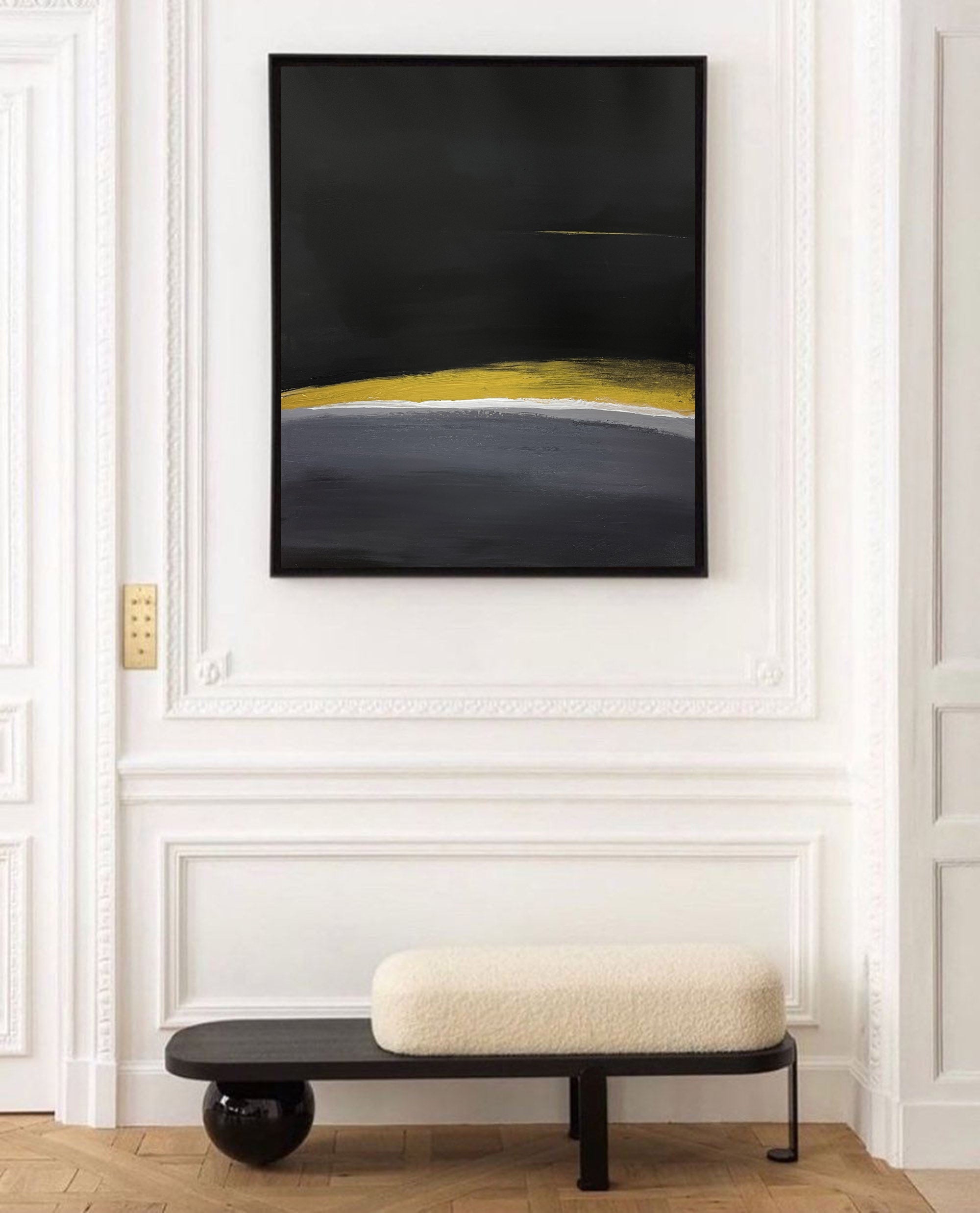 Modern Black Gold Yellow Abstract Linen Art