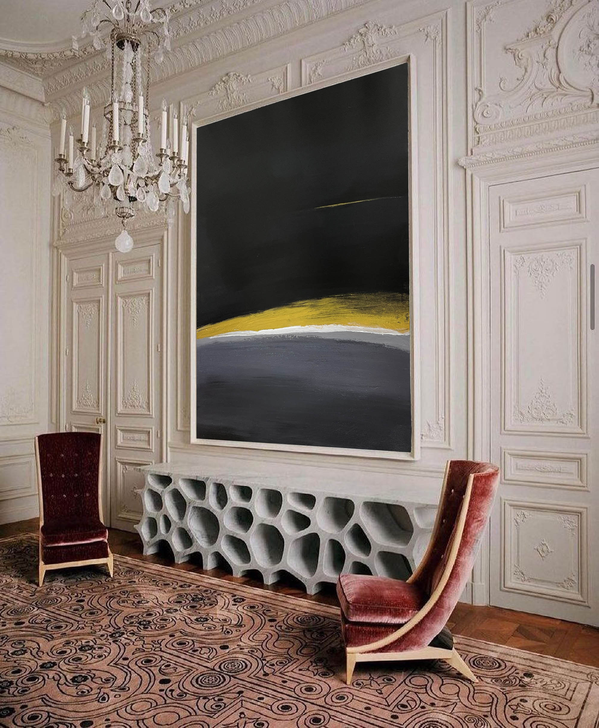 Modern Black Gold Yellow Abstract Linen Art