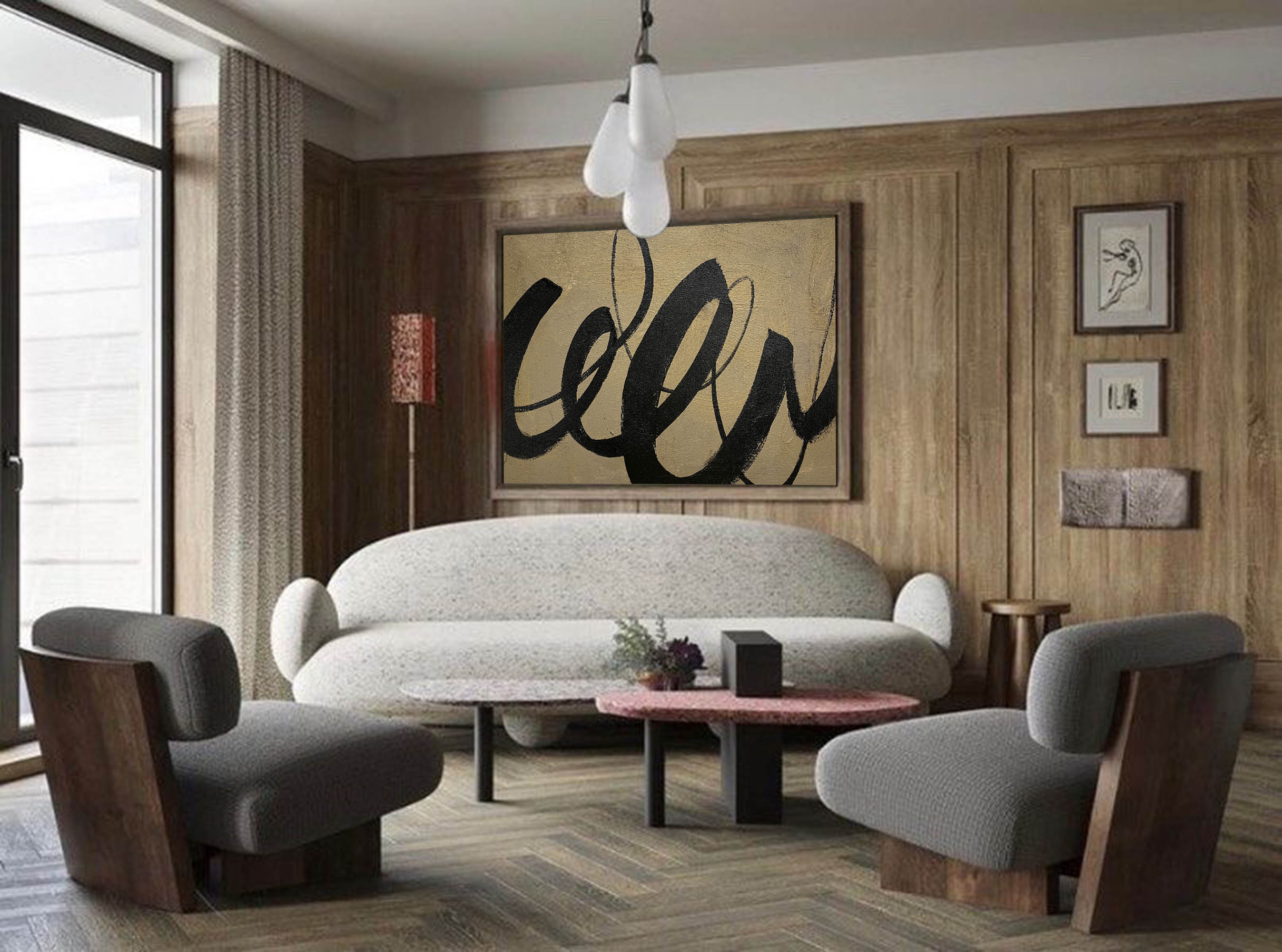 Gestural Calligraphic Abstract Unstretched Linen Canvas Wall Decoration