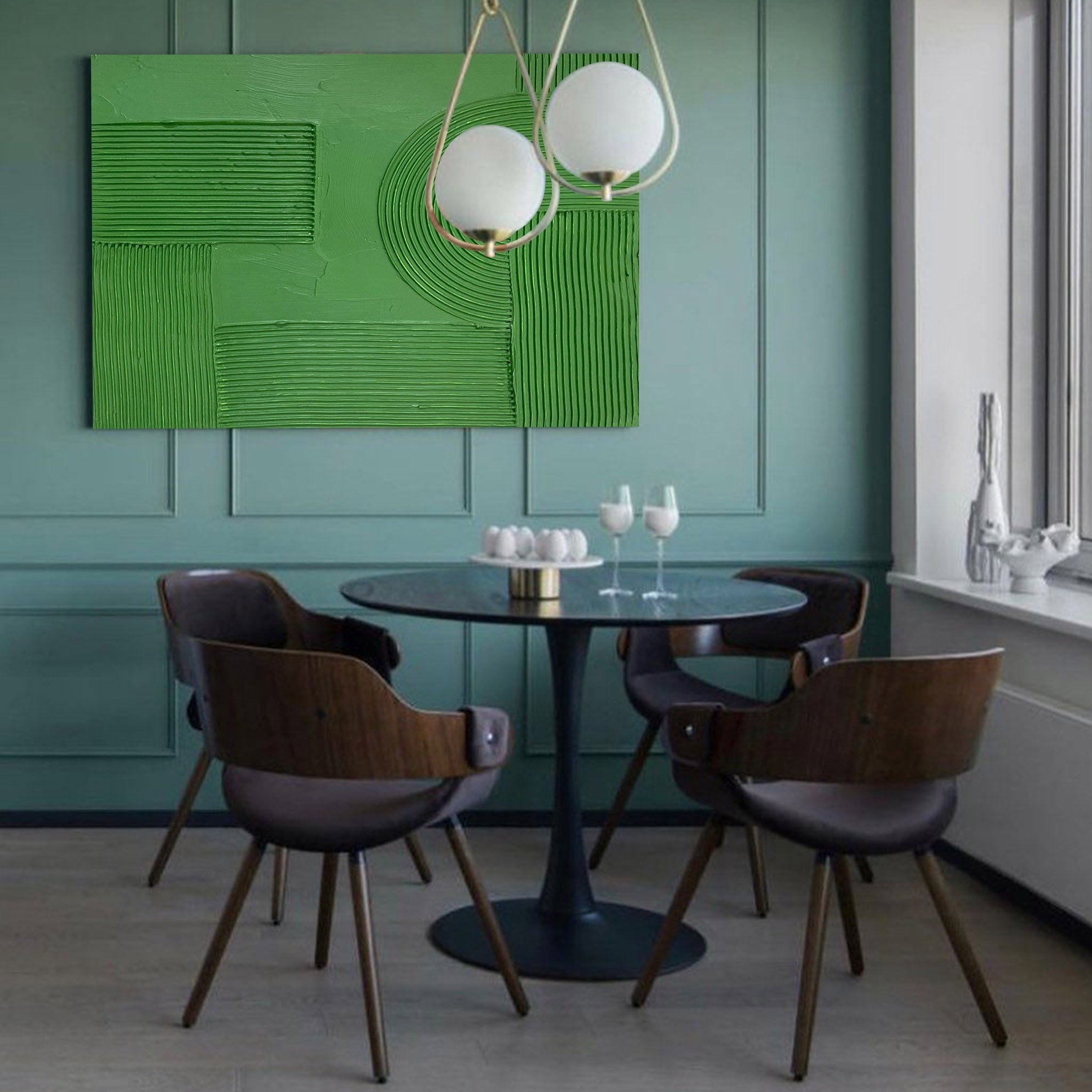Solid‑Green Geometric Abstract  Ridged Heavy Textured Artwork