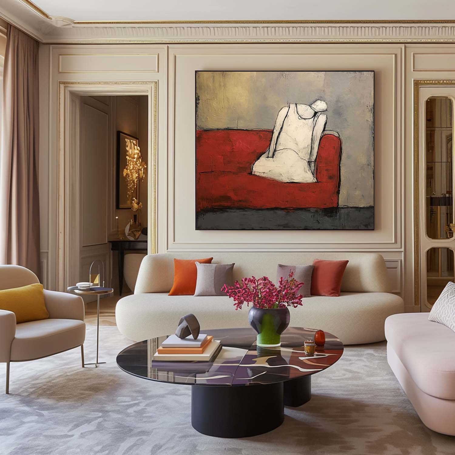 Seated Figure Oil Painting Red Sofa