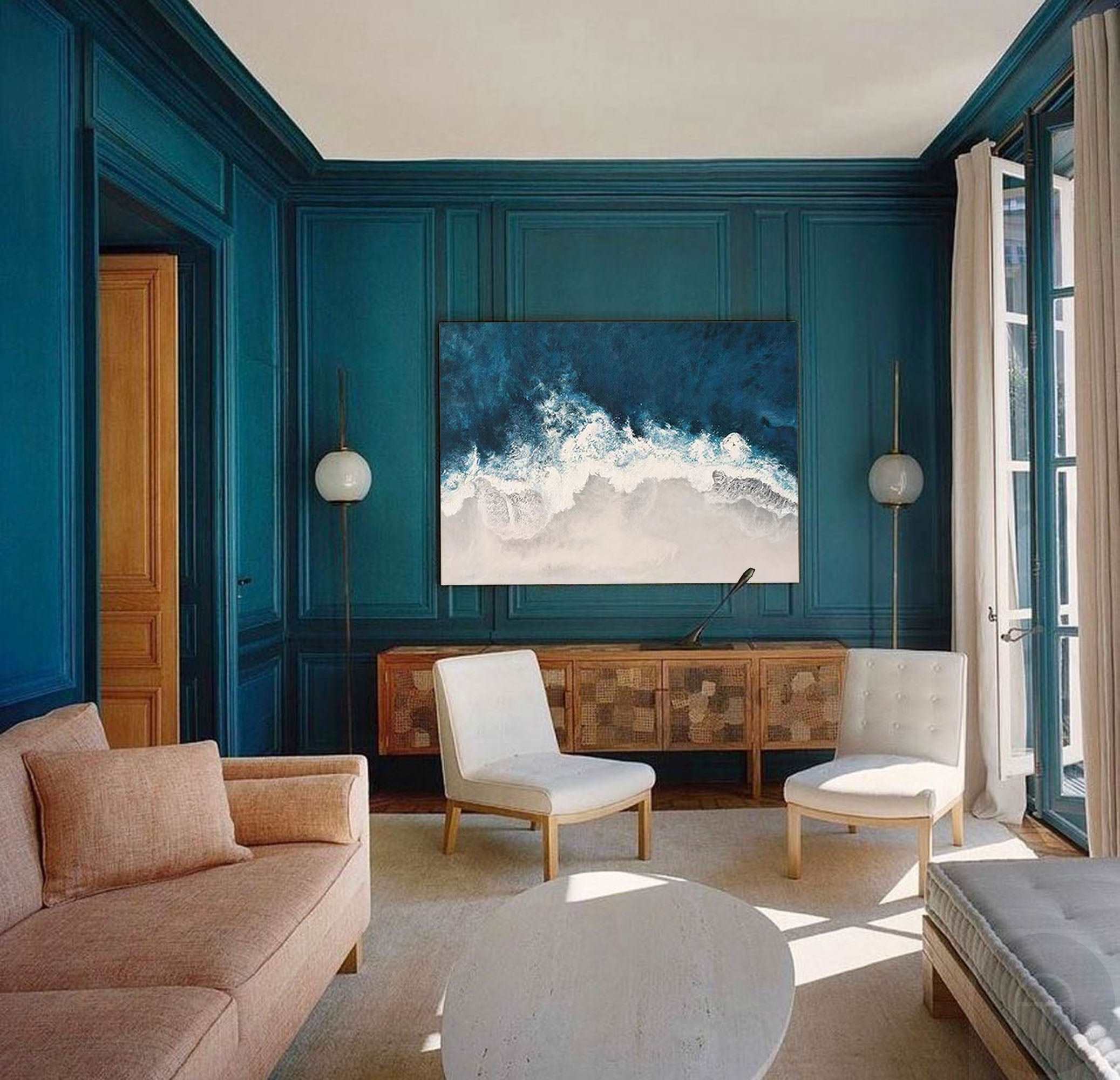 Teal‑White Horizontal Sea‑Wave Raised‑Textured Artwork