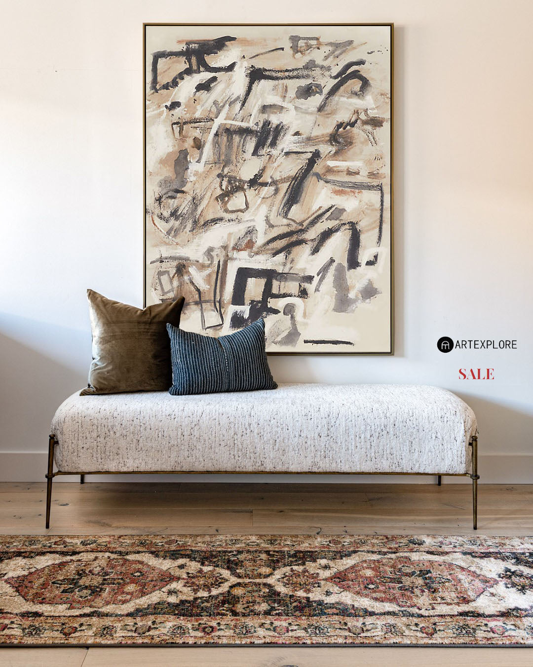 Warm Beige Black Brushstroke Abstract Canvas Art