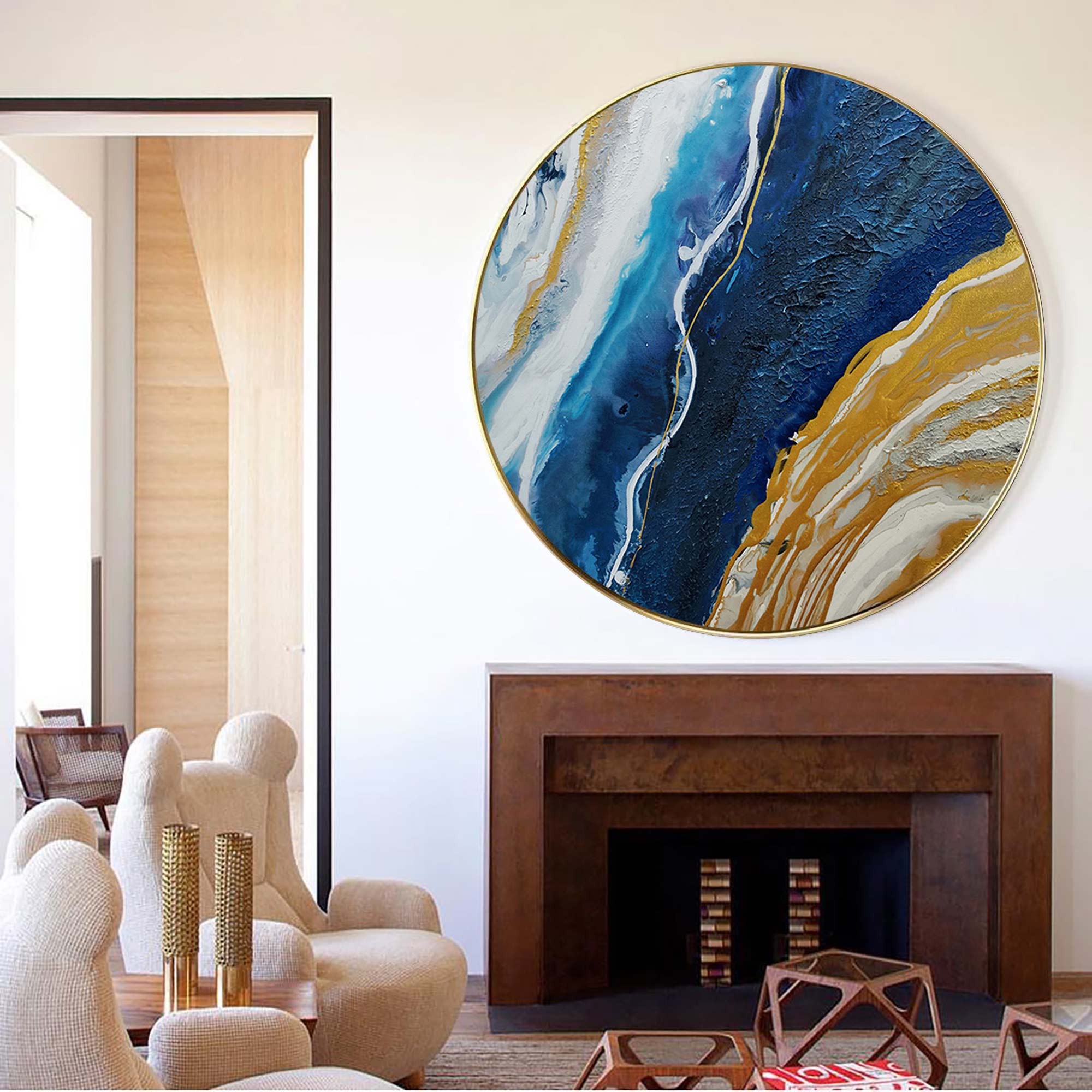 Wall Art Blue Gold Round Abstract Marble Modern Texture Living Room | Neutralighting