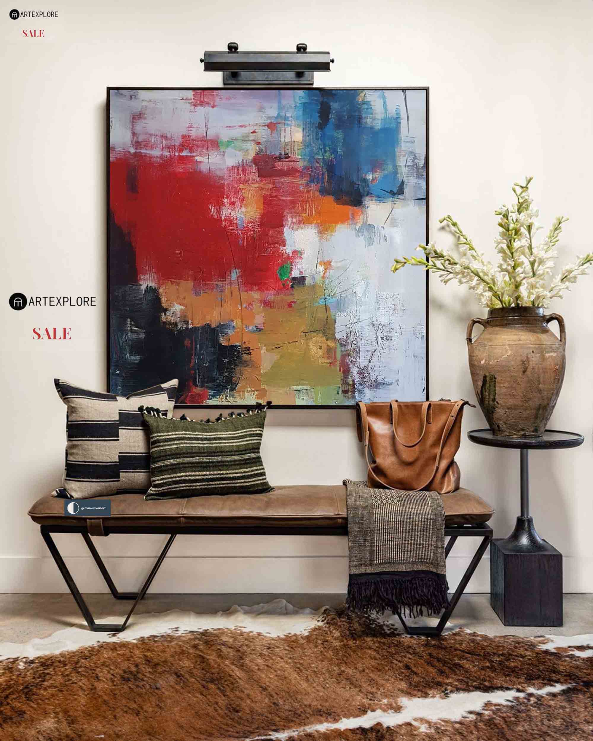 Red Blue Abstract Square Canvas Wall Art